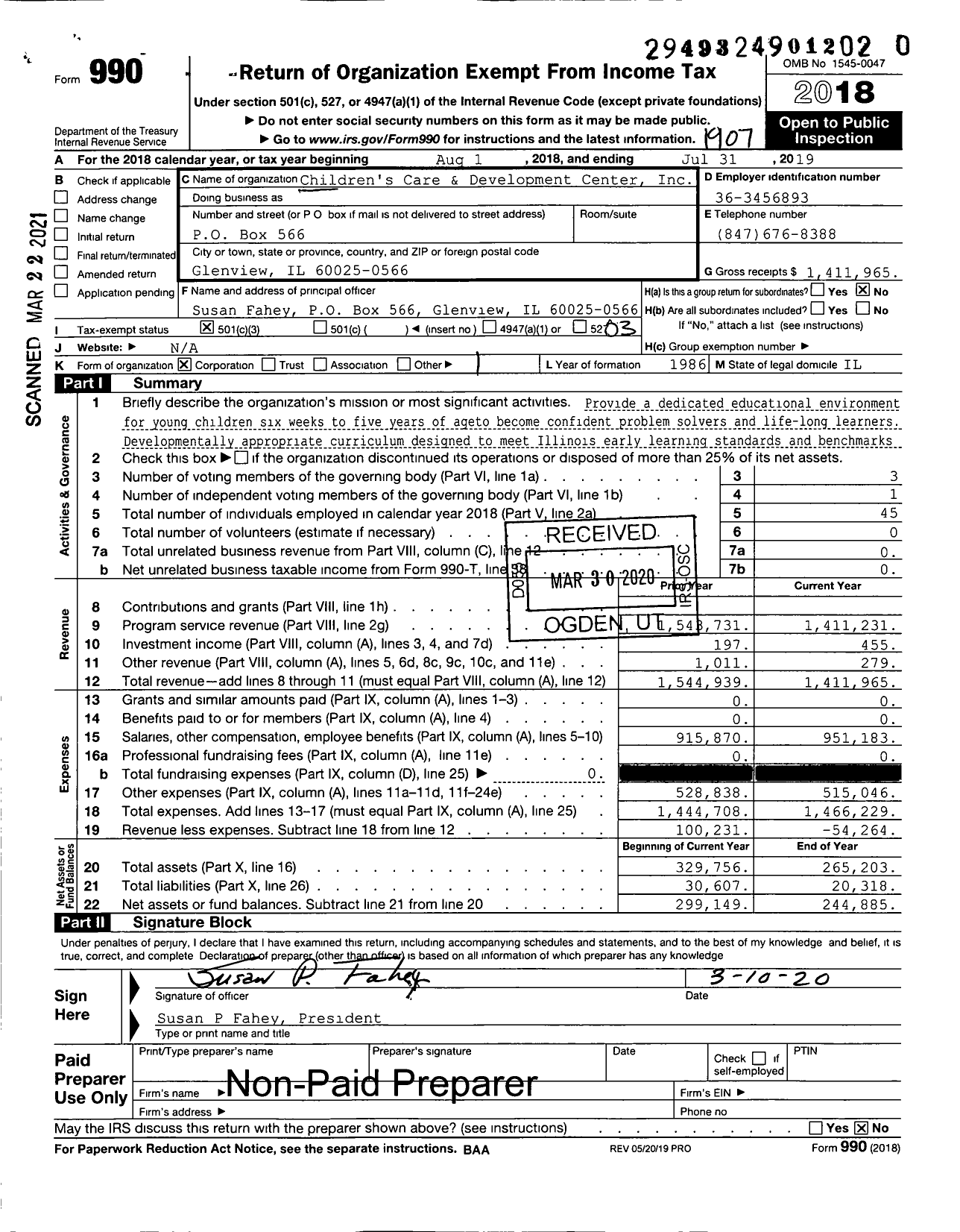 Image of first page of 2018 Form 990 for Children's Care and Development Center