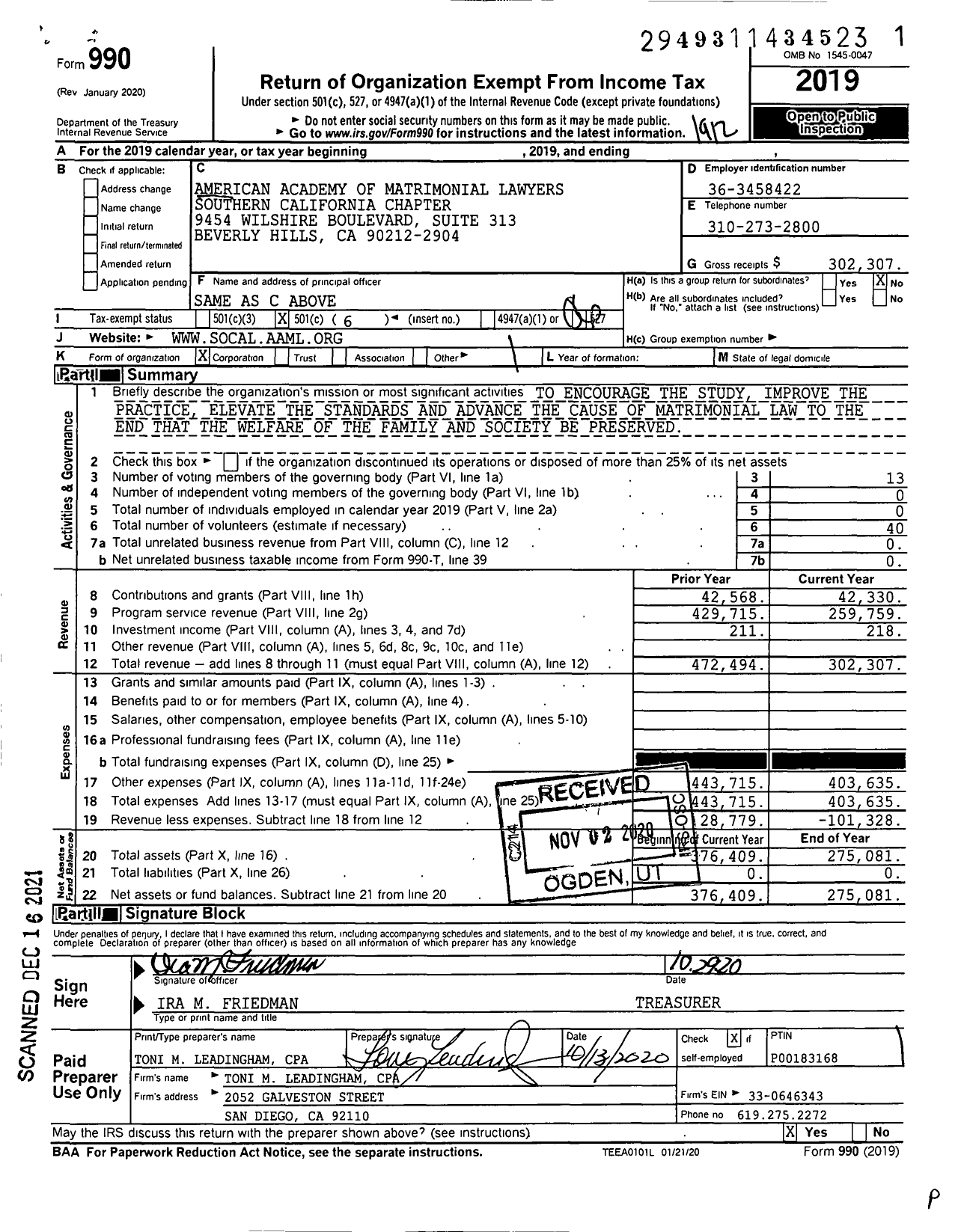 Image of first page of 2019 Form 990O for American Academy of Matrimonial Lawyers Southern California Chapter