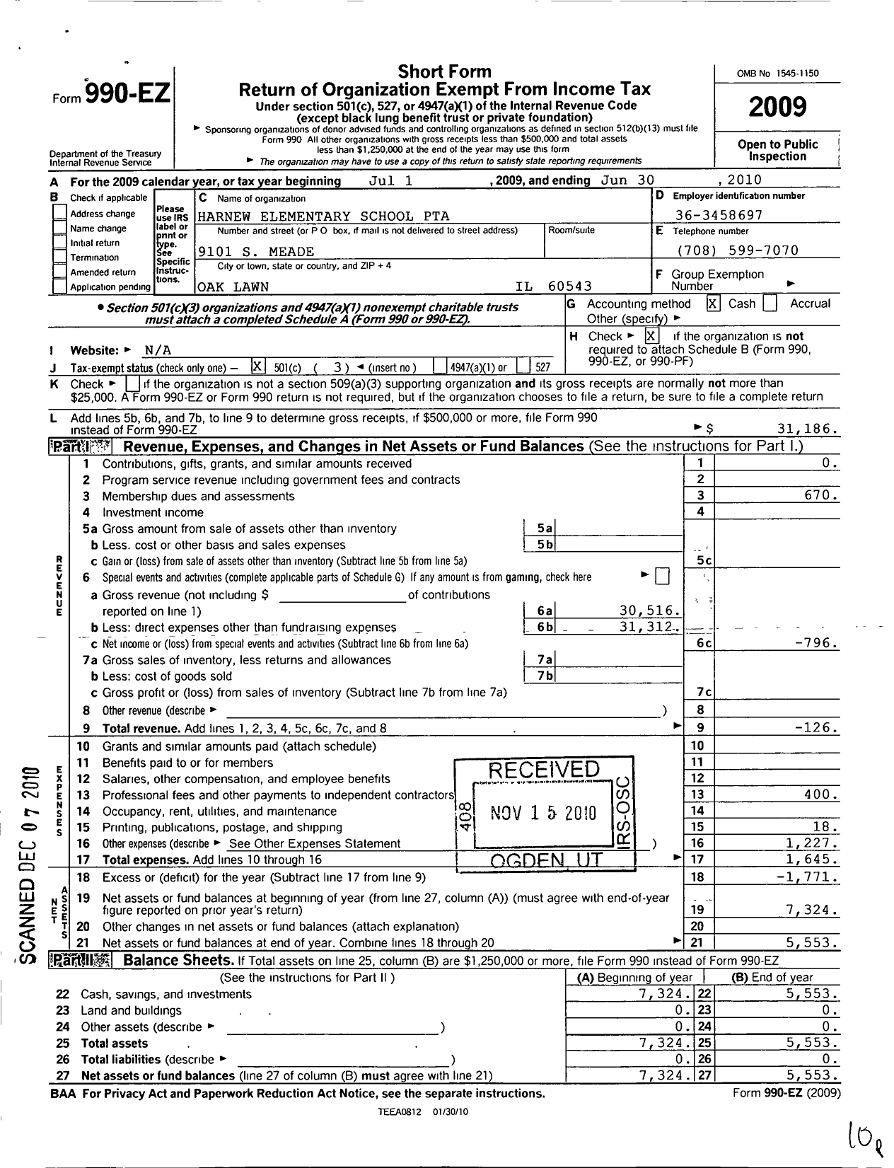 Image of first page of 2009 Form 990EZ for Illinois PTA - Harnew PTA