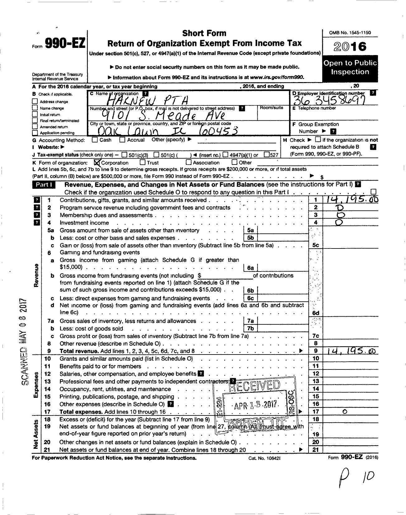 Image of first page of 2016 Form 990EO for Illinois PTA - Harnew PTA
