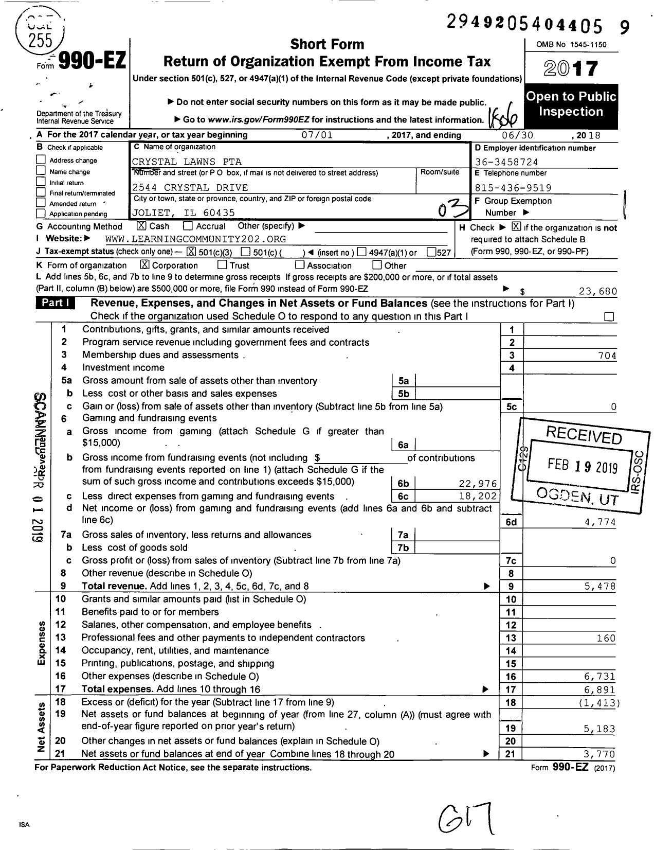 Image of first page of 2017 Form 990EZ for Illinois PTA - Crystal Lawns PTA