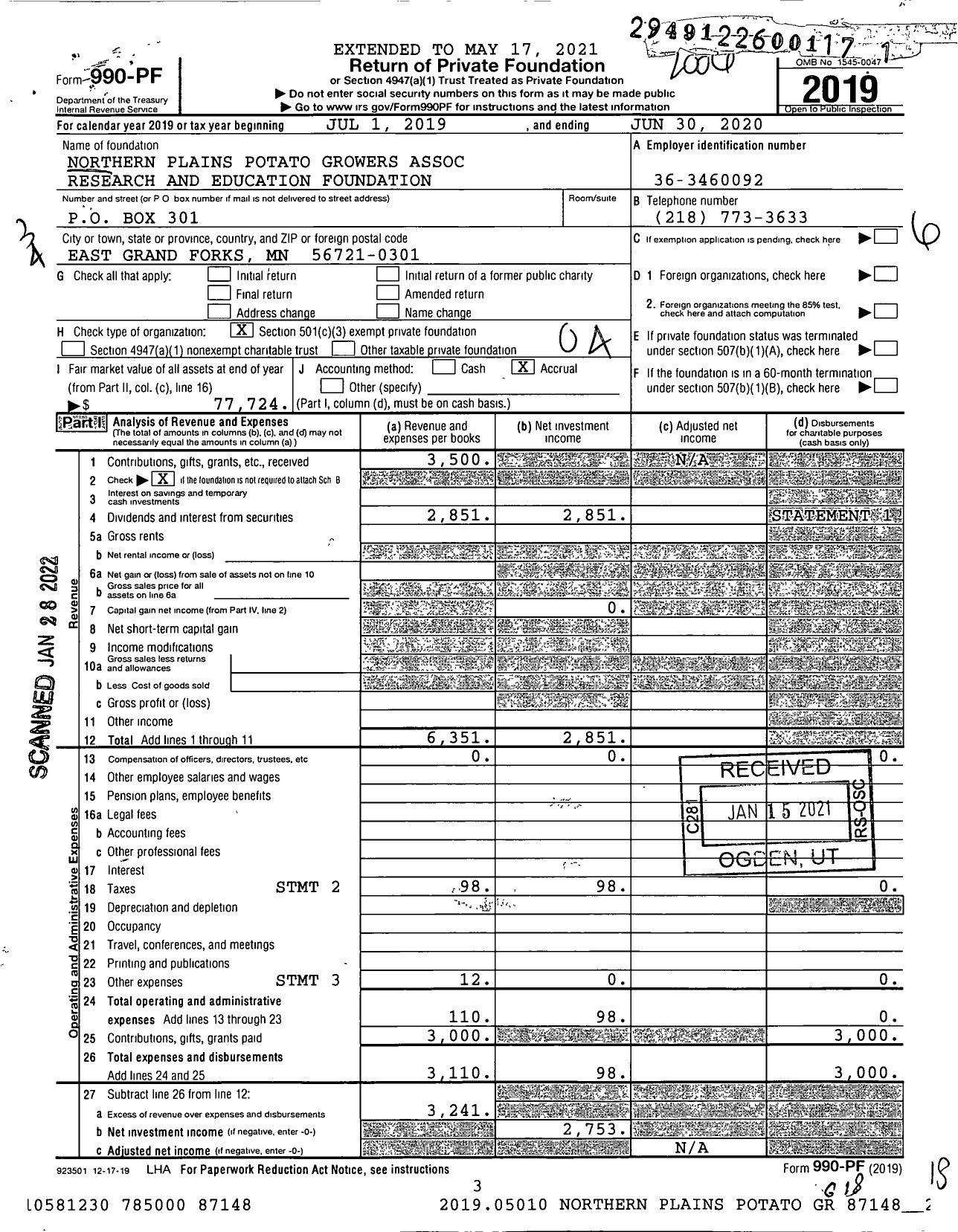 Image of first page of 2019 Form 990PF for Northern Plains Potato Growers Association Research and Education Foundation