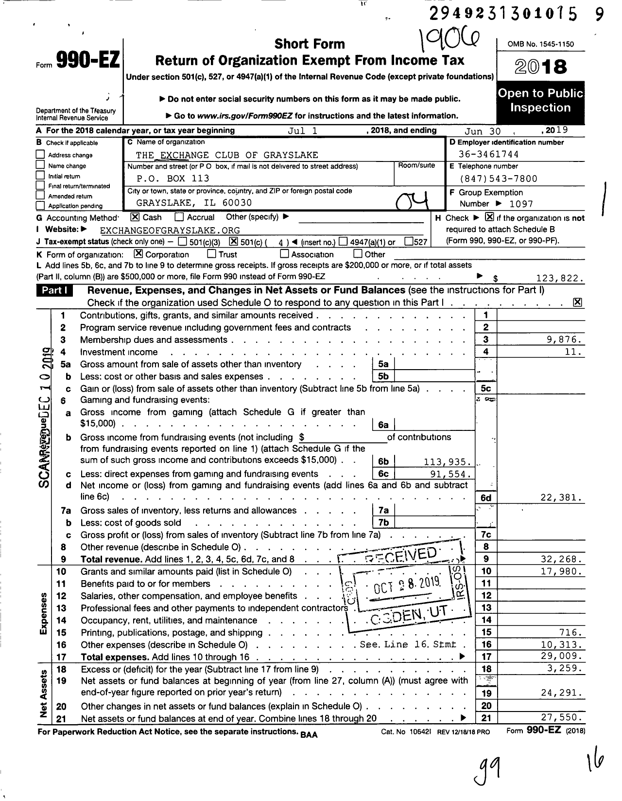 Image of first page of 2018 Form 990EO for National Exchange Club - 1433 Grayslake Il