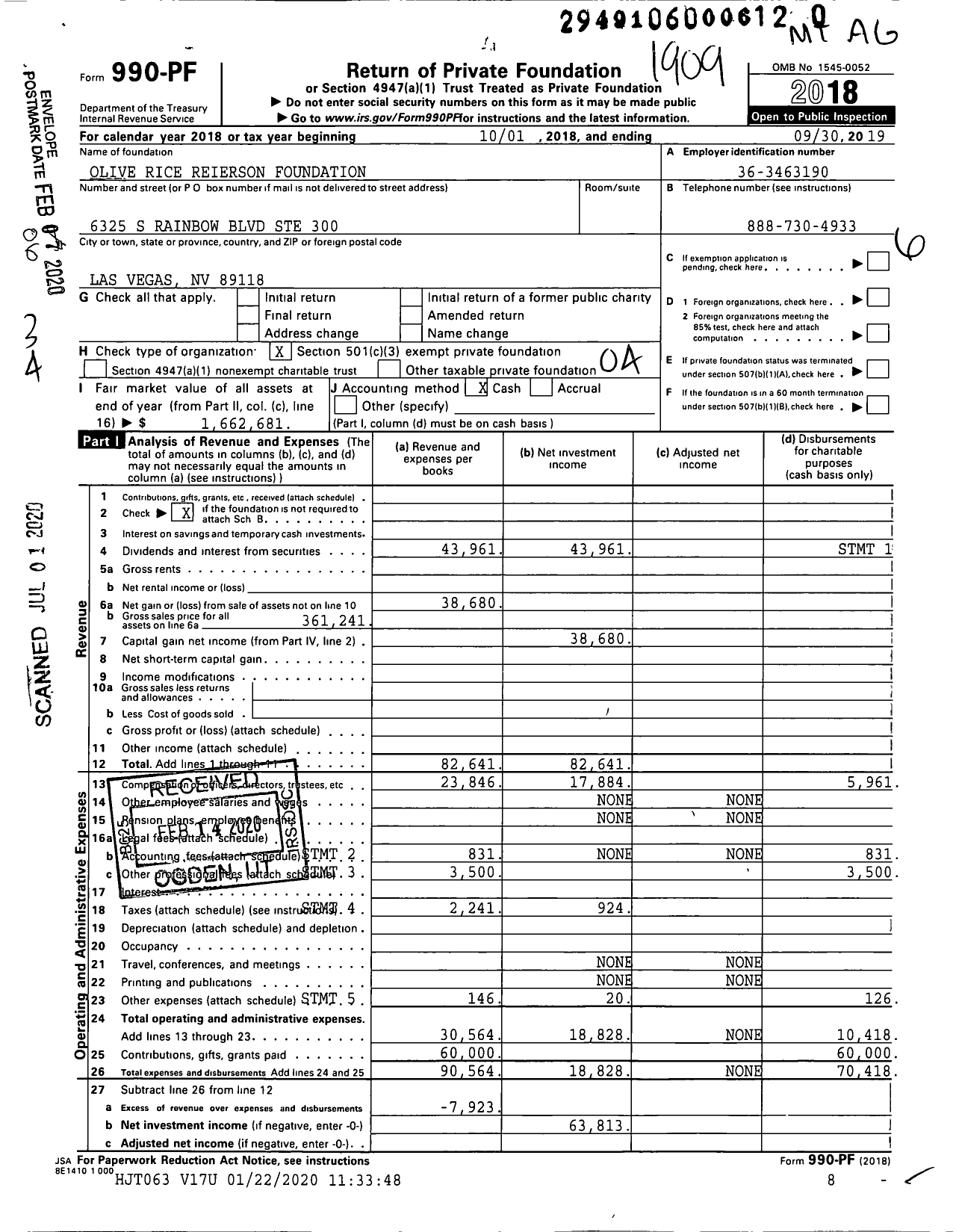 Image of first page of 2018 Form 990PR for Olive Rice Reierson Foundation