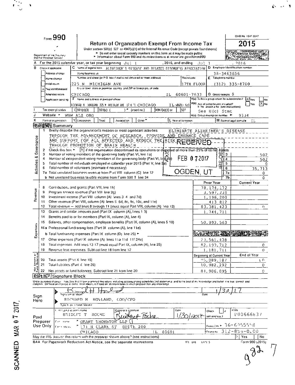 Image of first page of 2015 Form 990 for Alzheimers Disease and Related Disorders Association