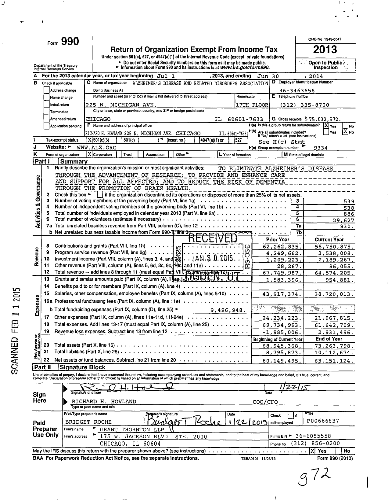 Image of first page of 2013 Form 990 for Alzheimers Disease and Related Disorders Association