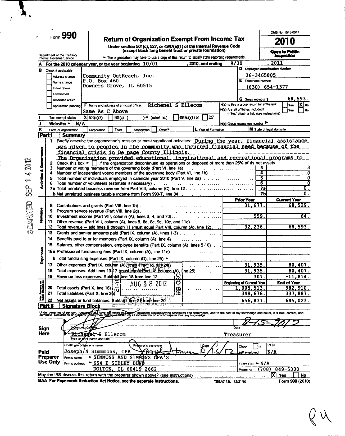 Image of first page of 2010 Form 990 for Community Outreach