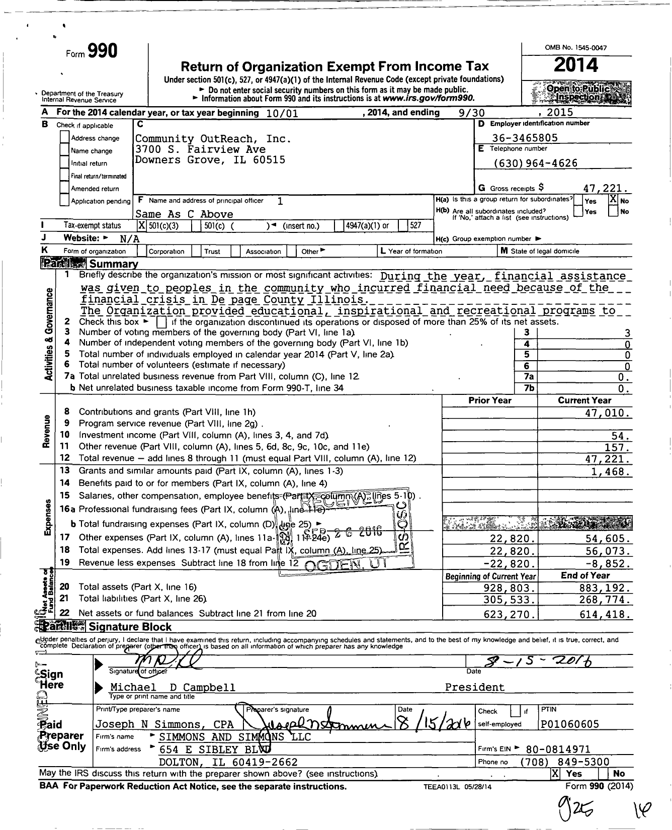 Image of first page of 2014 Form 990 for Community Outreach