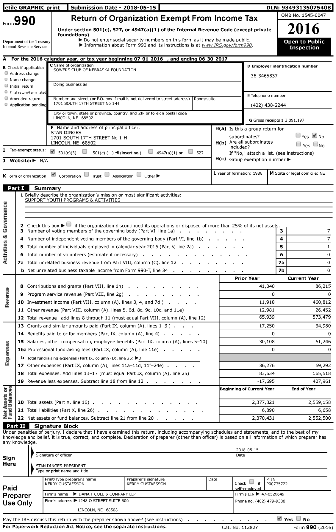 Image of first page of 2016 Form 990 for Sowers Club of Nebraska Foundation