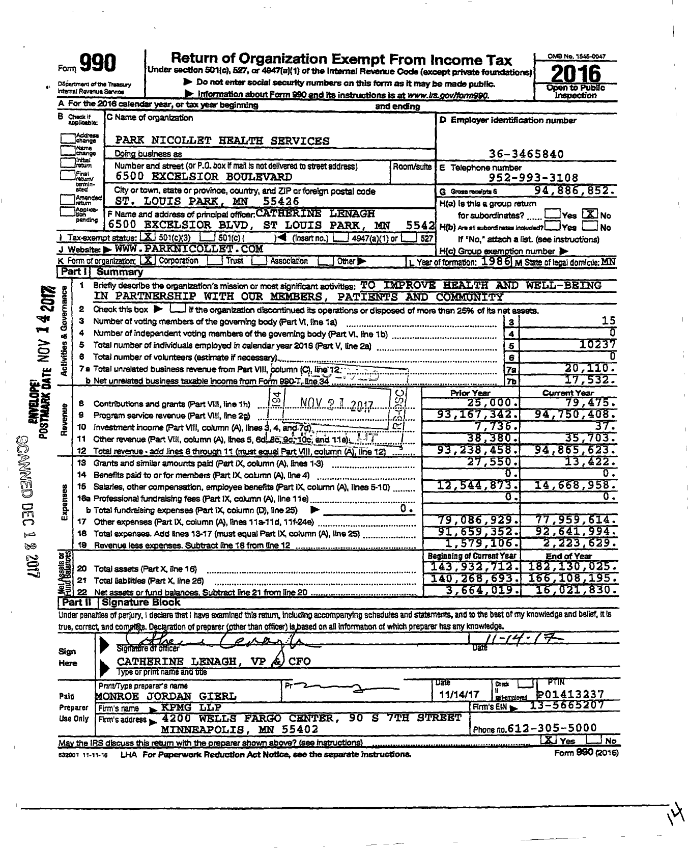 Image of first page of 2016 Form 990 for Park Nicollet Health Services
