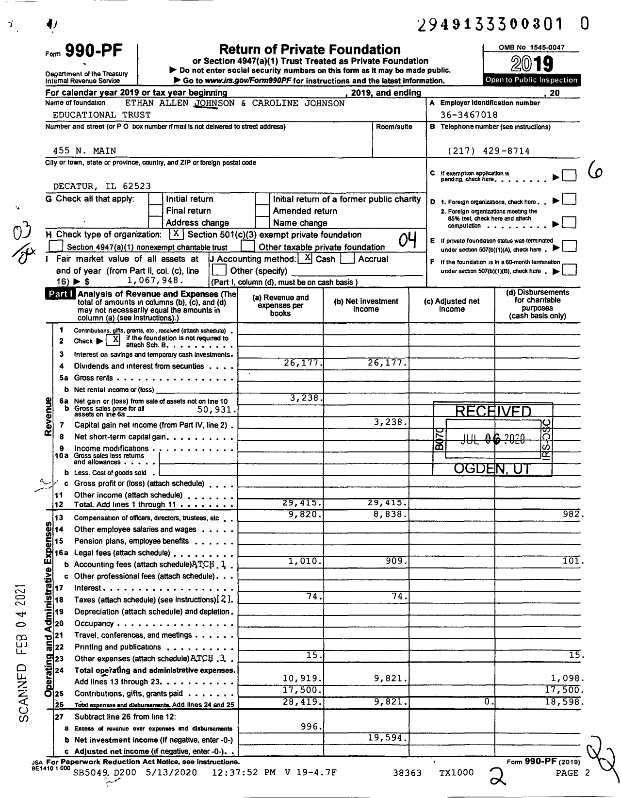 Image of first page of 2019 Form 990PF for Ethan Allen Johnson & Caroline Johnson Educational Trust