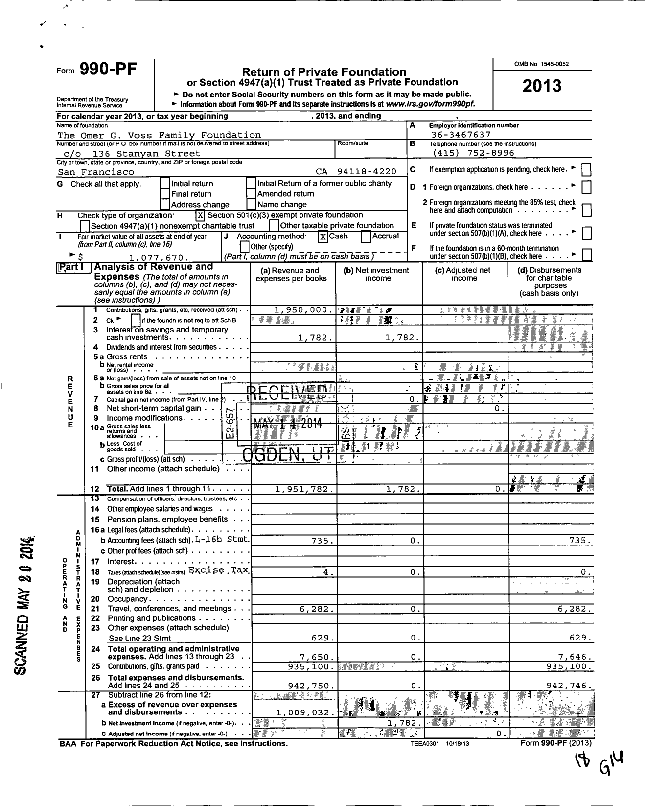 Image of first page of 2013 Form 990PF for Omer G Voss Family Foundation