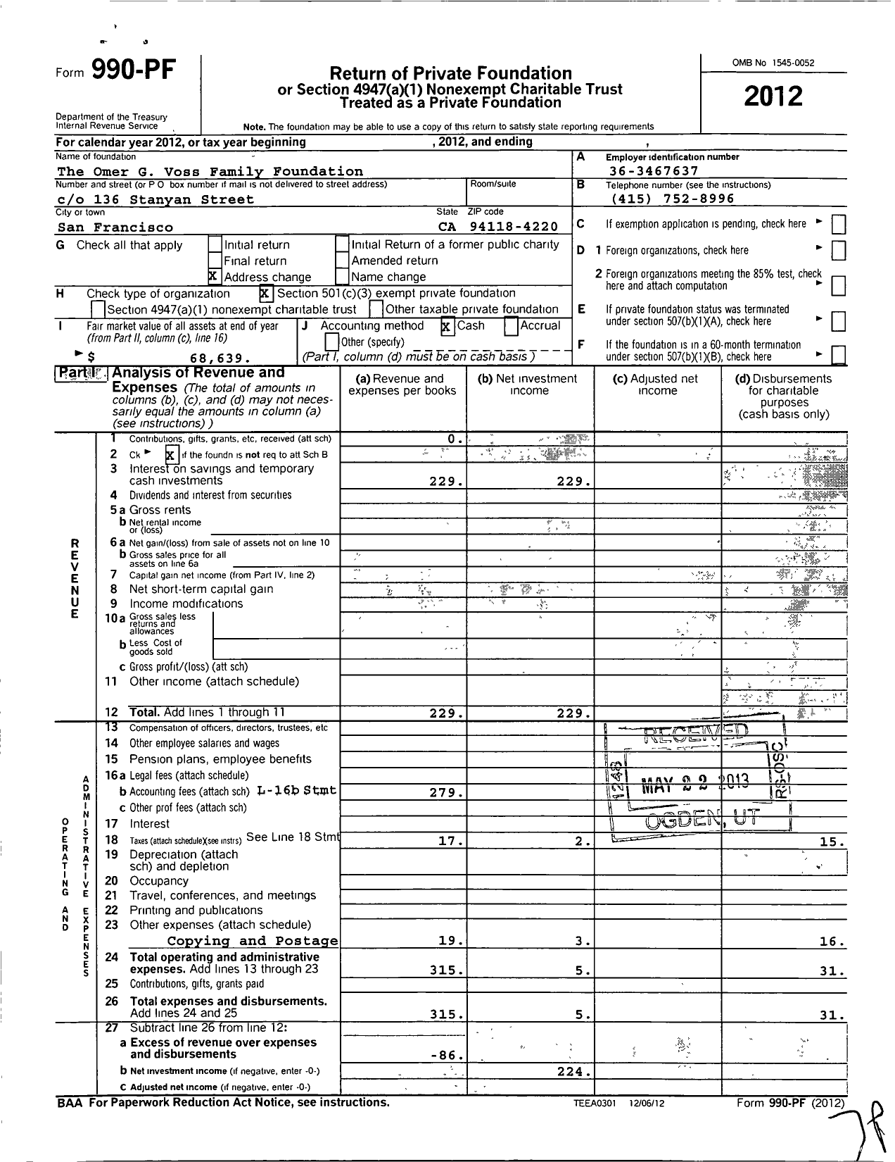 Image of first page of 2012 Form 990PF for Omer G Voss Family Foundation