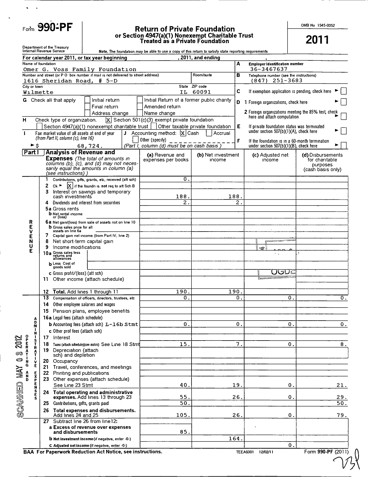 Image of first page of 2011 Form 990PF for Omer G Voss Family Foundation