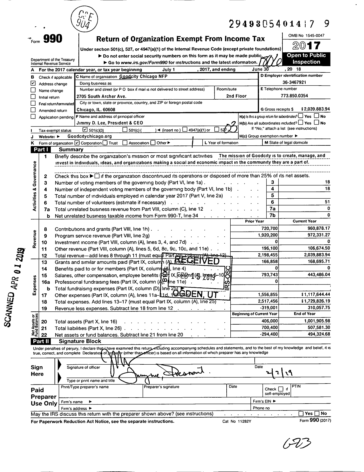 Image of first page of 2017 Form 990 for Goodcity Chicago