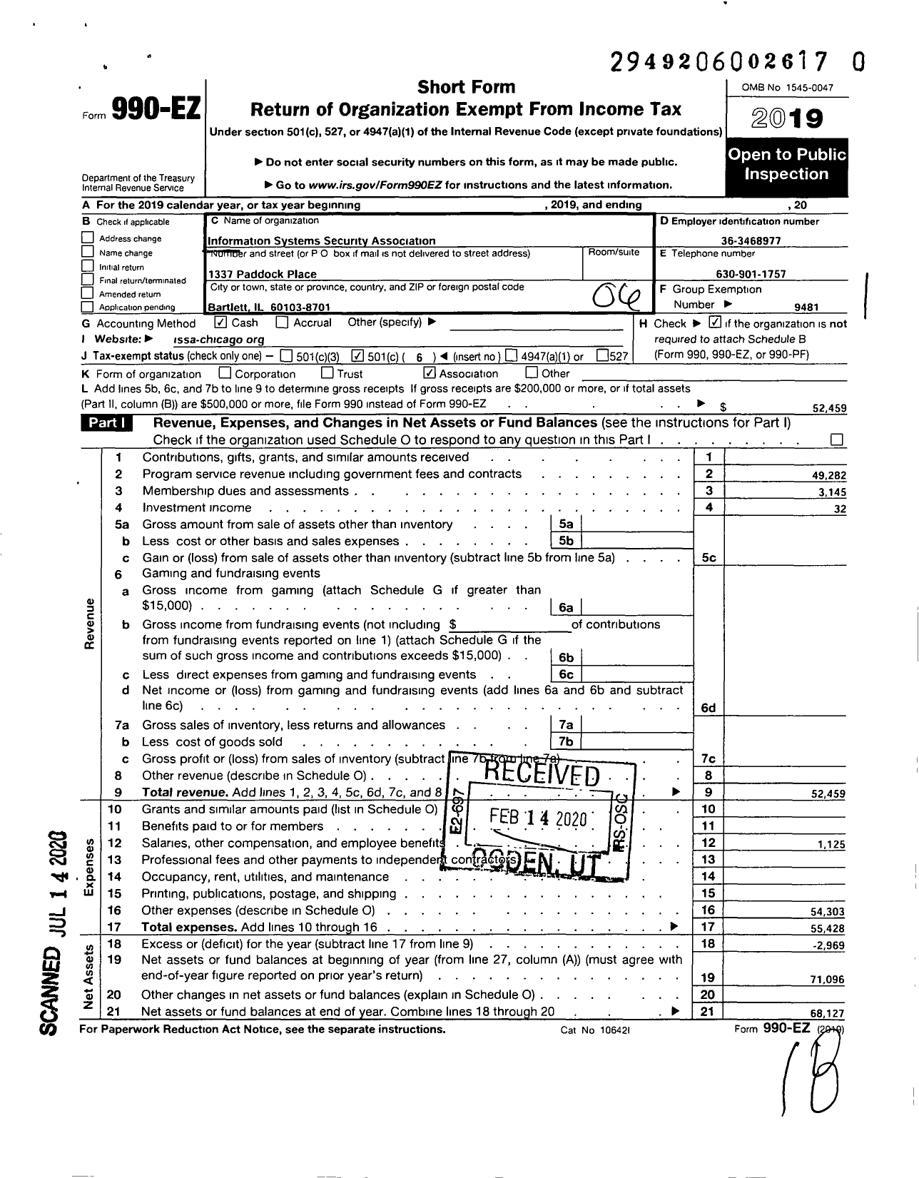 Image of first page of 2019 Form 990EO for Information Systems Security Association / Chicago Chapter