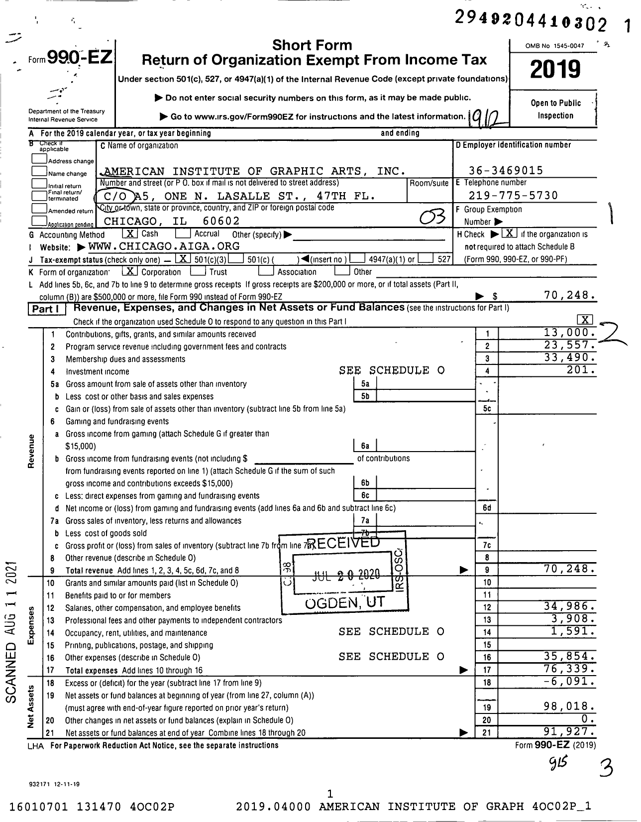 Image of first page of 2019 Form 990EZ for American Institute of Graphic Arts / Chicago