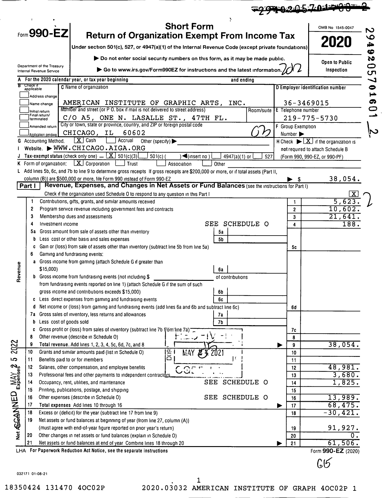 Image of first page of 2020 Form 990EZ for American Institute of Graphic Arts / Chicago