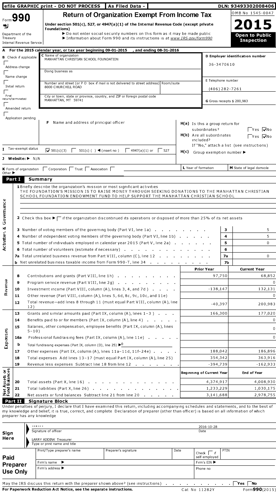 Image of first page of 2015 Form 990 for Manhattan Christian School Foundation