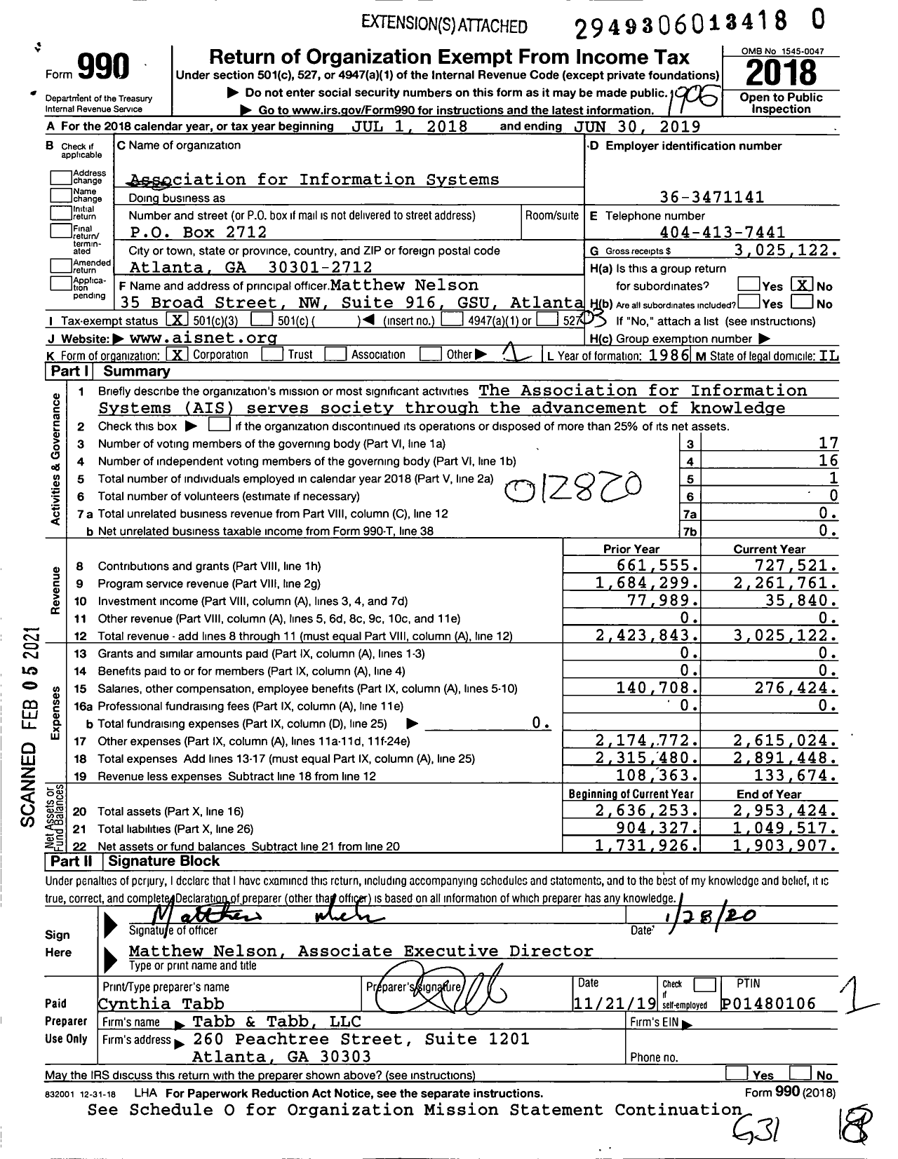 Image of first page of 2018 Form 990 for Association for Information Systems