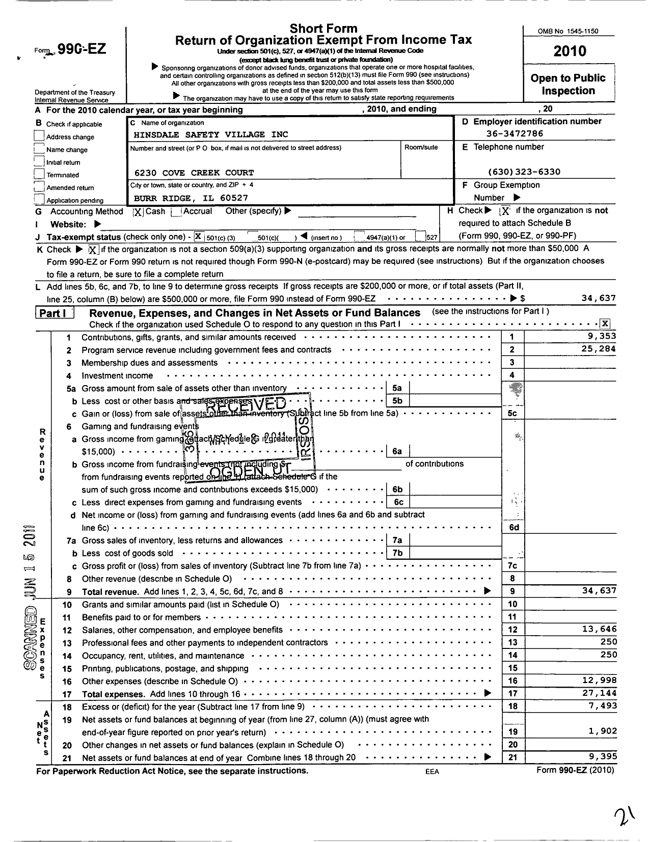 Image of first page of 2010 Form 990EZ for Hinsdale Safety Village