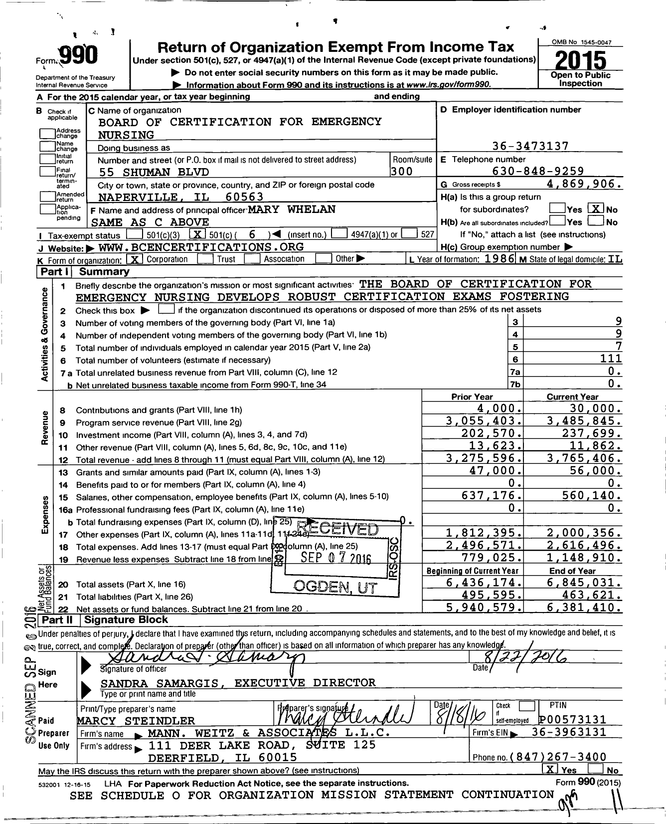 Image of first page of 2015 Form 990O for Board of Certification for Emergency Nursing (BCEN)