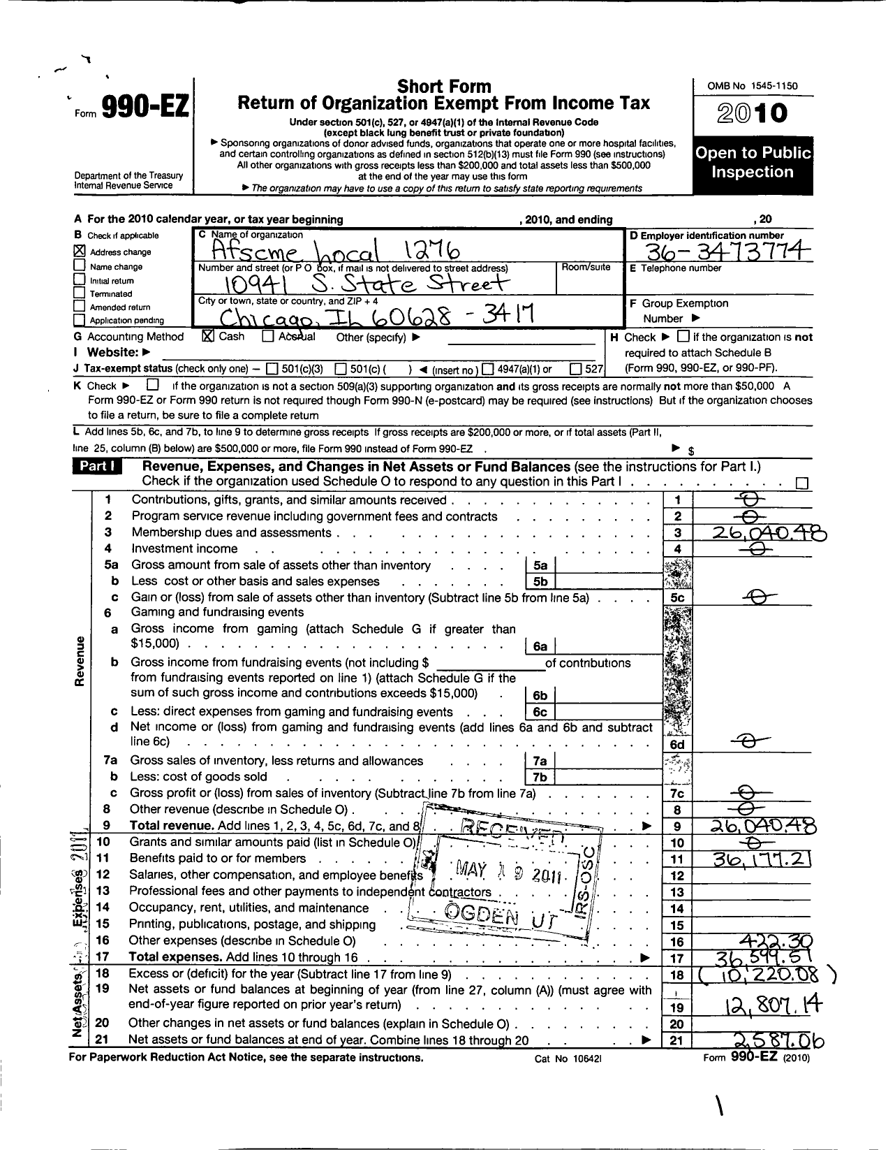 Image of first page of 2010 Form 990EO for American Federation of State County & Municipal Employees - L1276il Cook Co Health Prof Tech