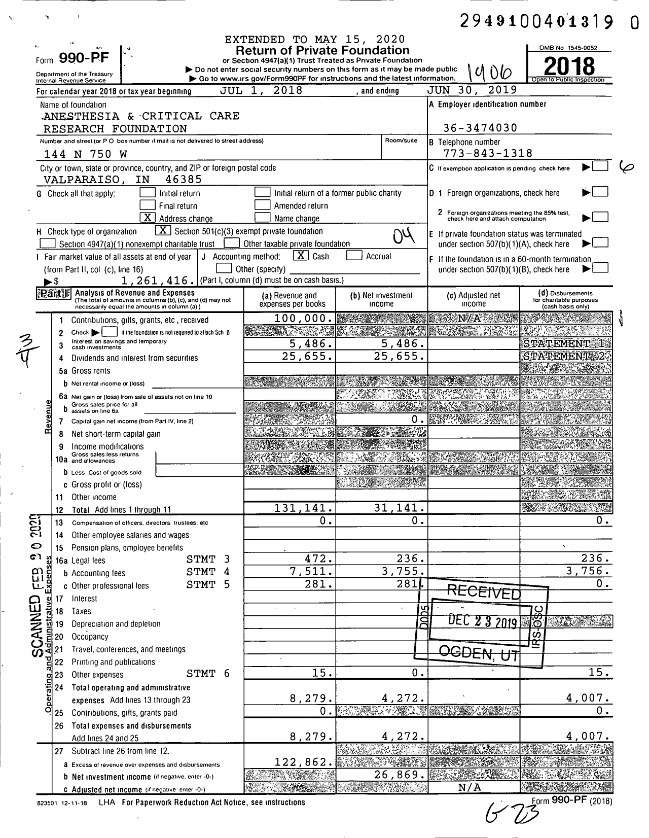 Image of first page of 2018 Form 990PF for Anesthesia & Critical Care Research Foundation