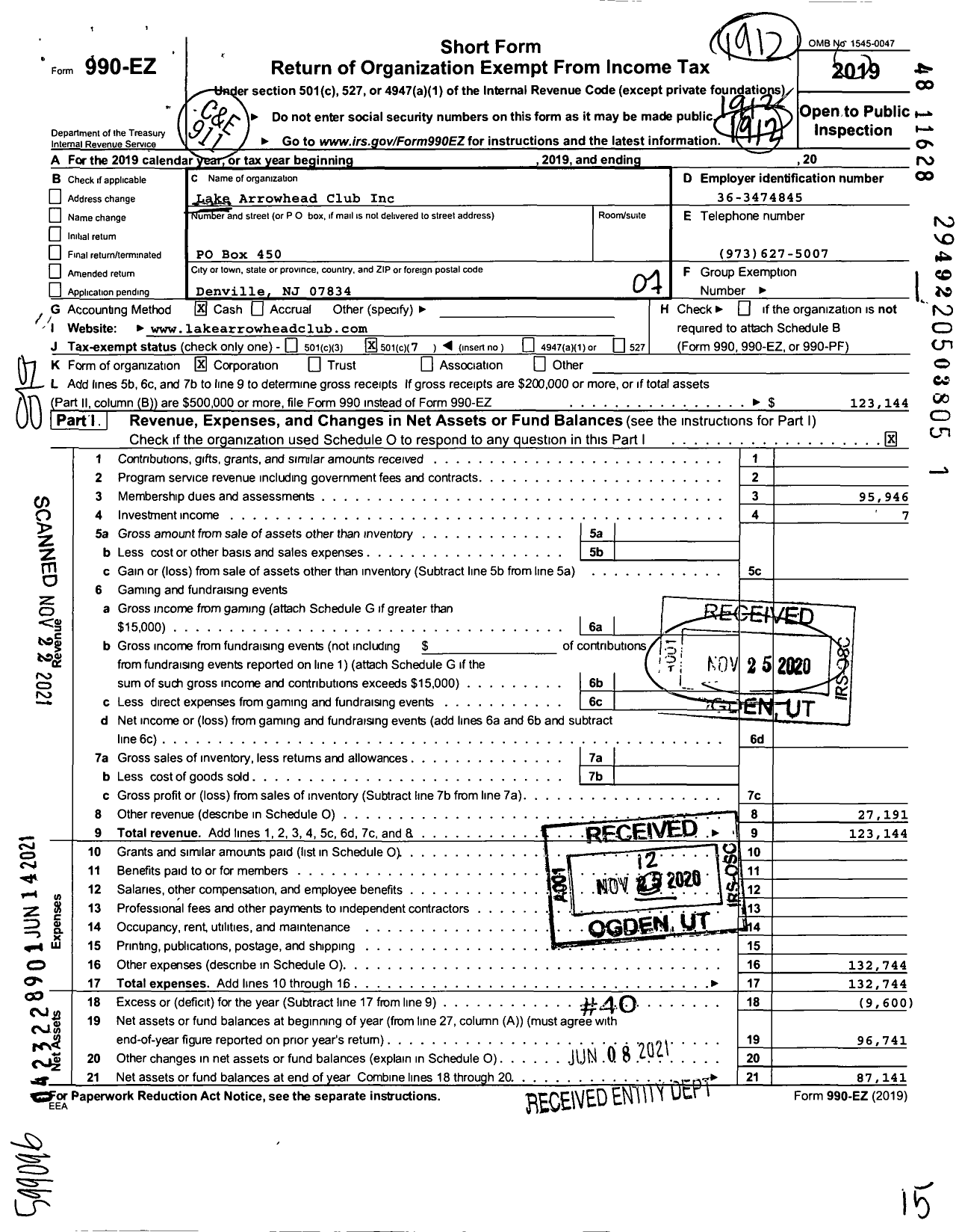 Image of first page of 2019 Form 990EO for Lake Arrowhead Club