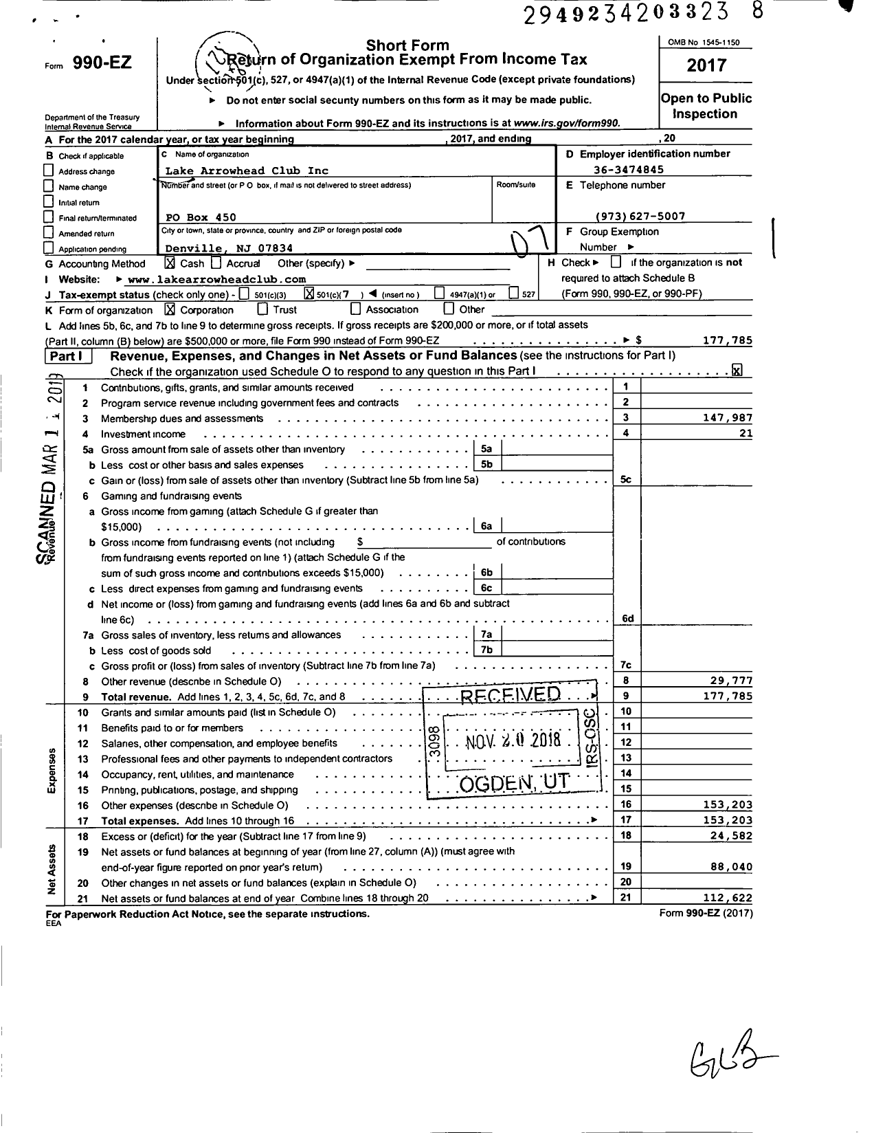 Image of first page of 2017 Form 990EO for Lake Arrowhead Club