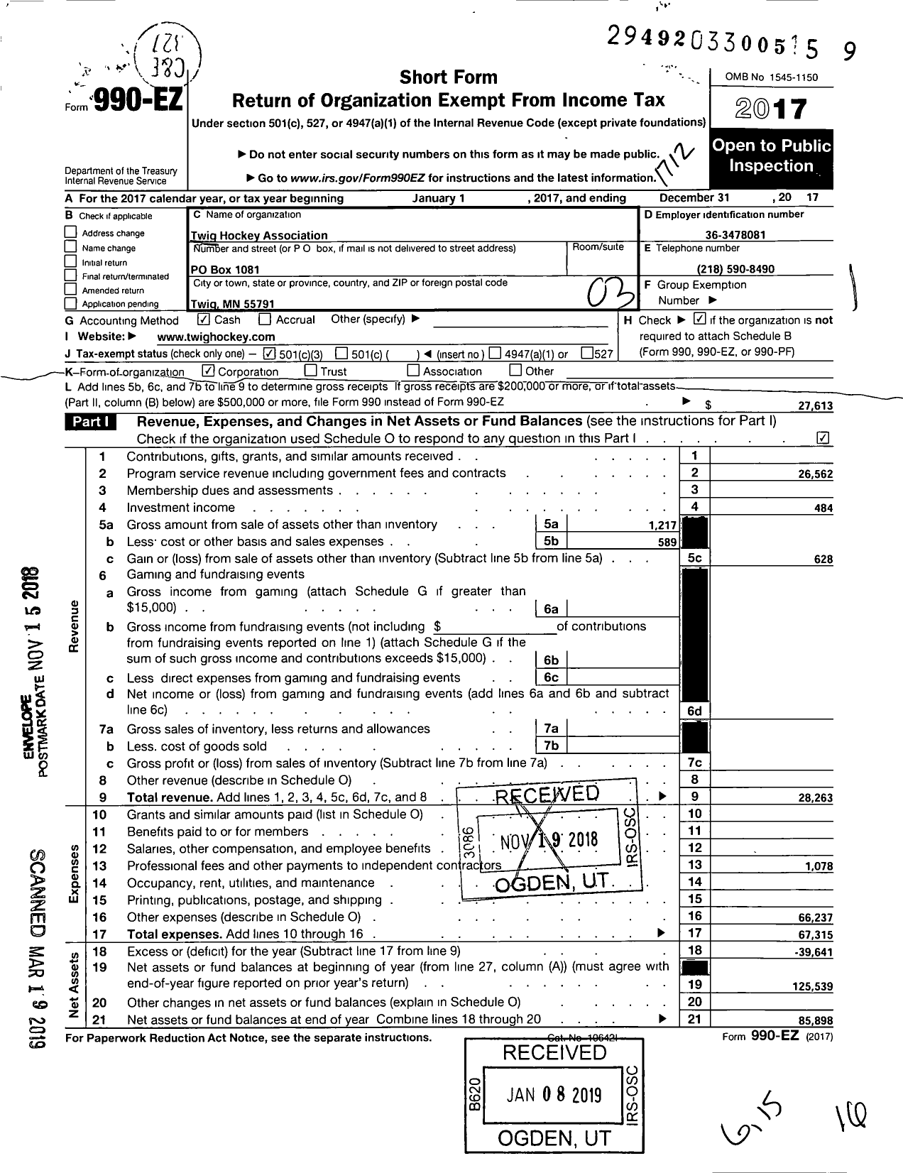 Image of first page of 2017 Form 990EZ for Twig Hockey Association