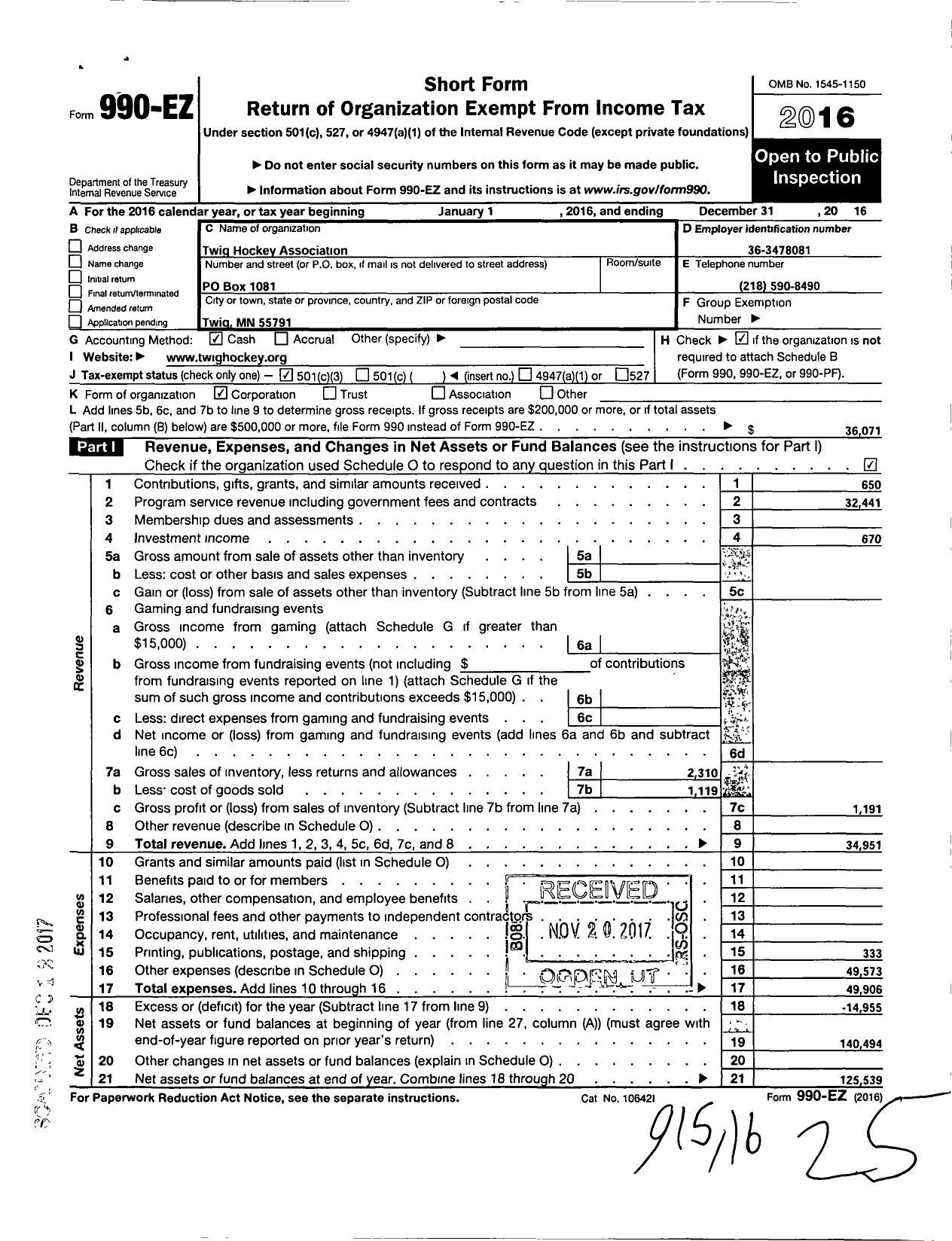 Image of first page of 2016 Form 990EZ for Twig Hockey Association