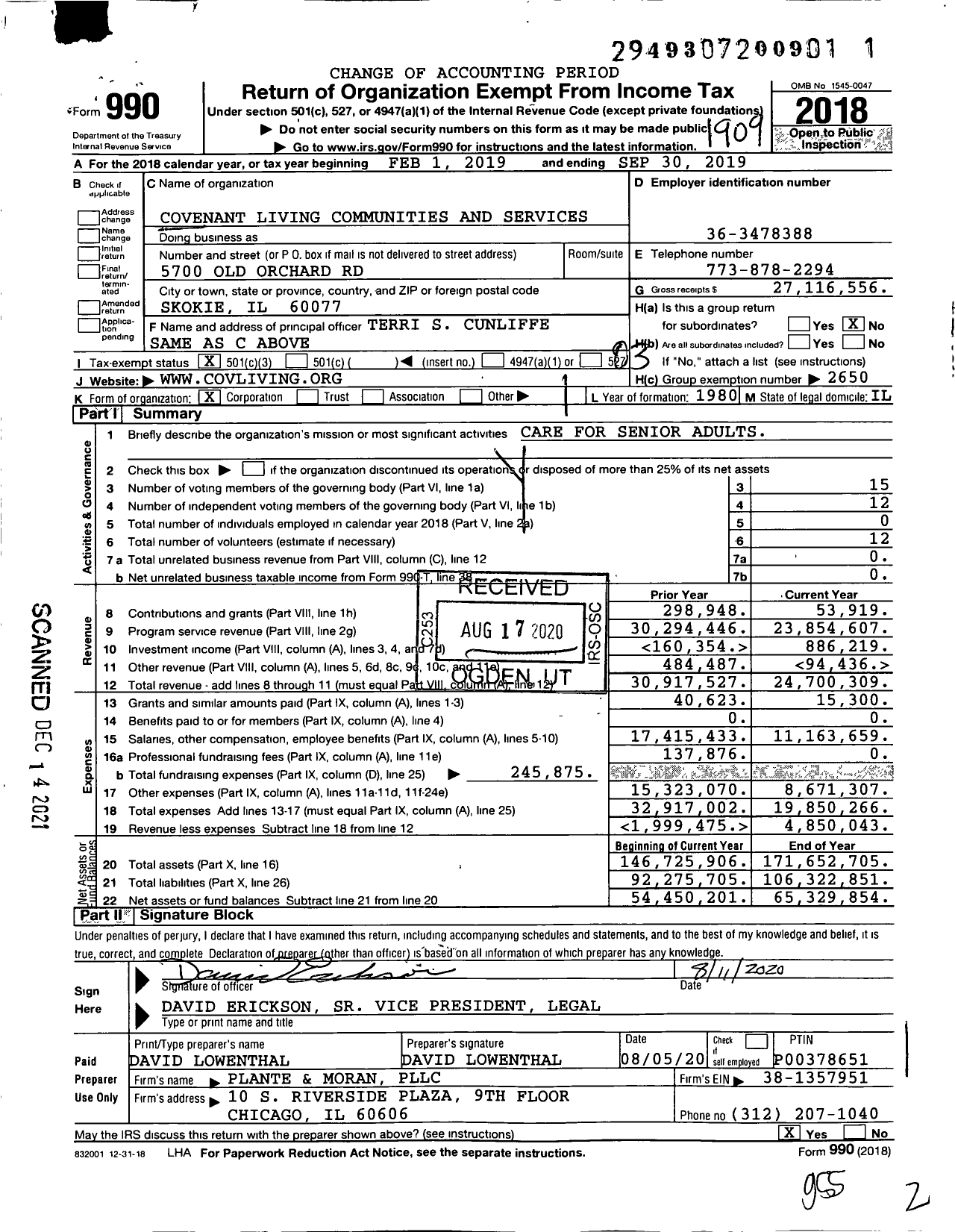 Image of first page of 2018 Form 990 for Covenant Living Communities and Services