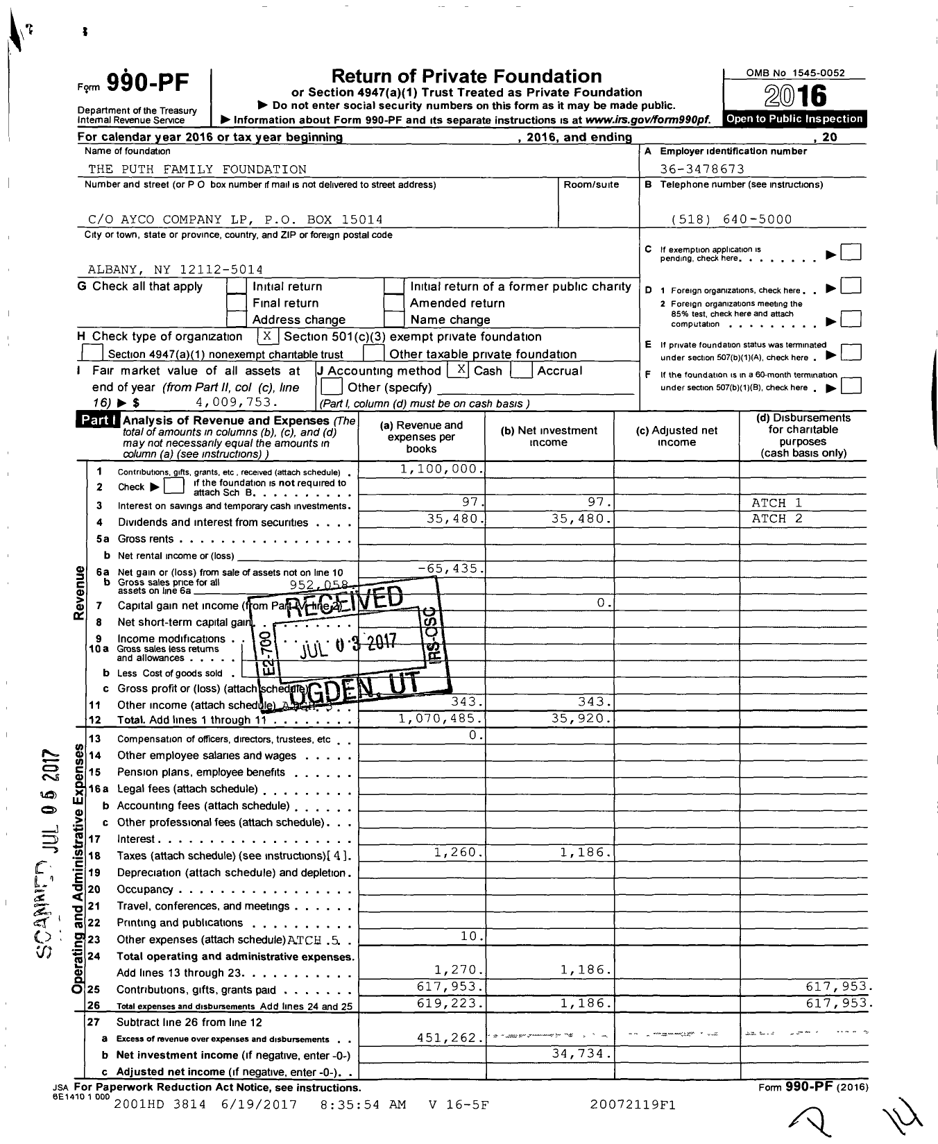 Image of first page of 2016 Form 990PF for The Puth Family Foundation