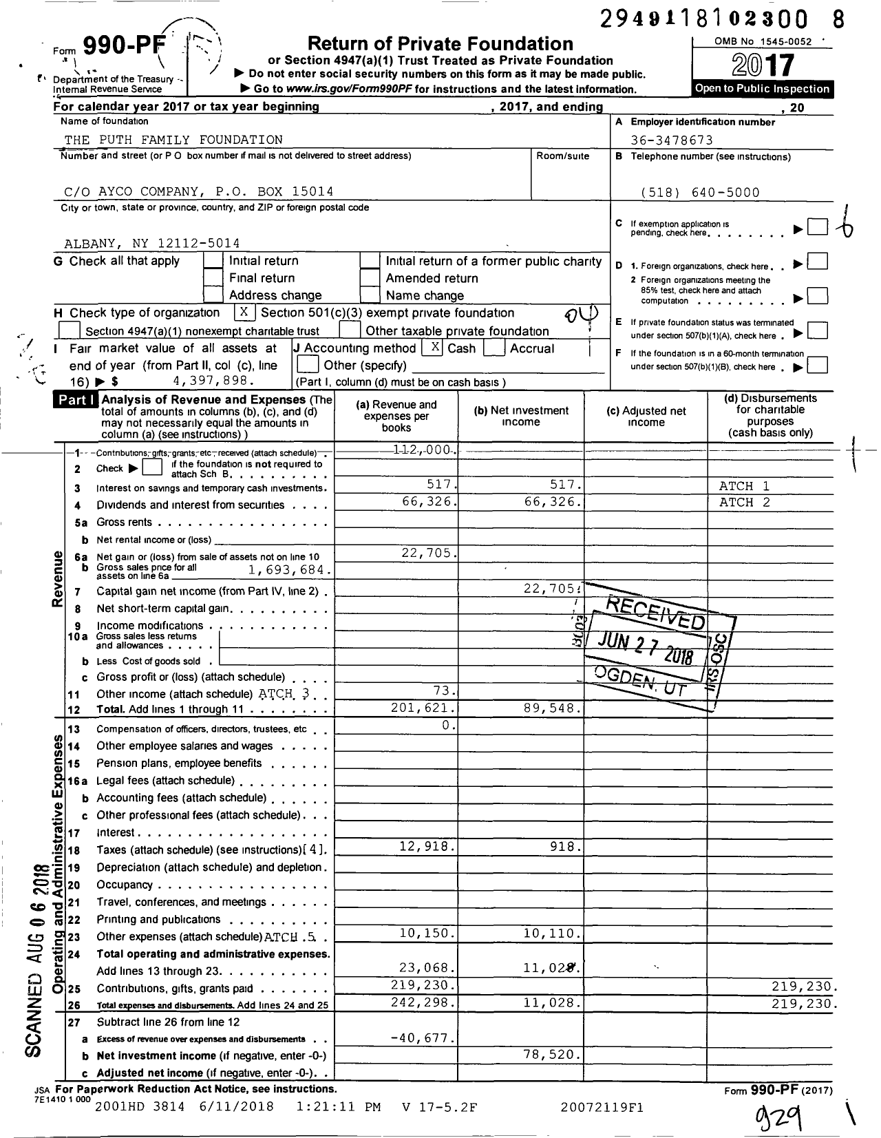 Image of first page of 2017 Form 990PF for The Puth Family Foundation