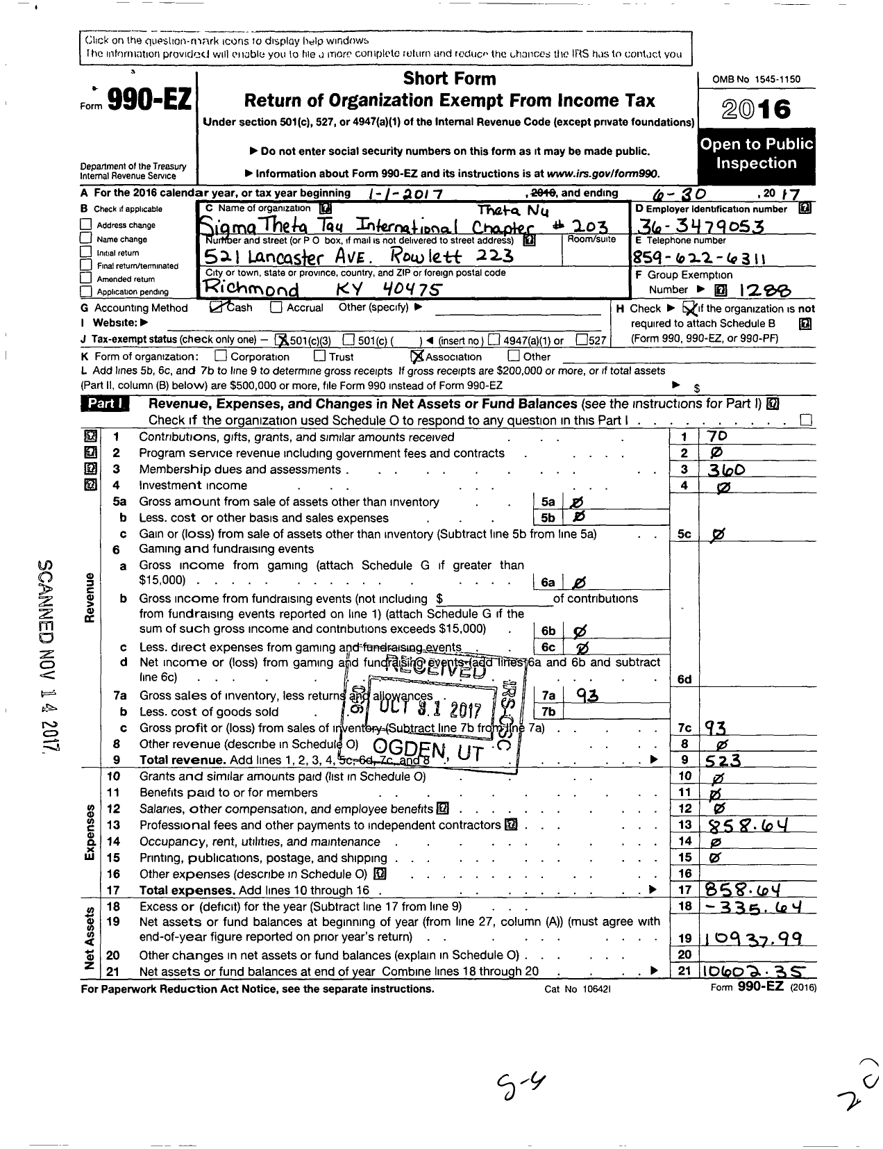 Image of first page of 2016 Form 990EZ for Sigma Theta Tau - 203 Theta Nu Chapter