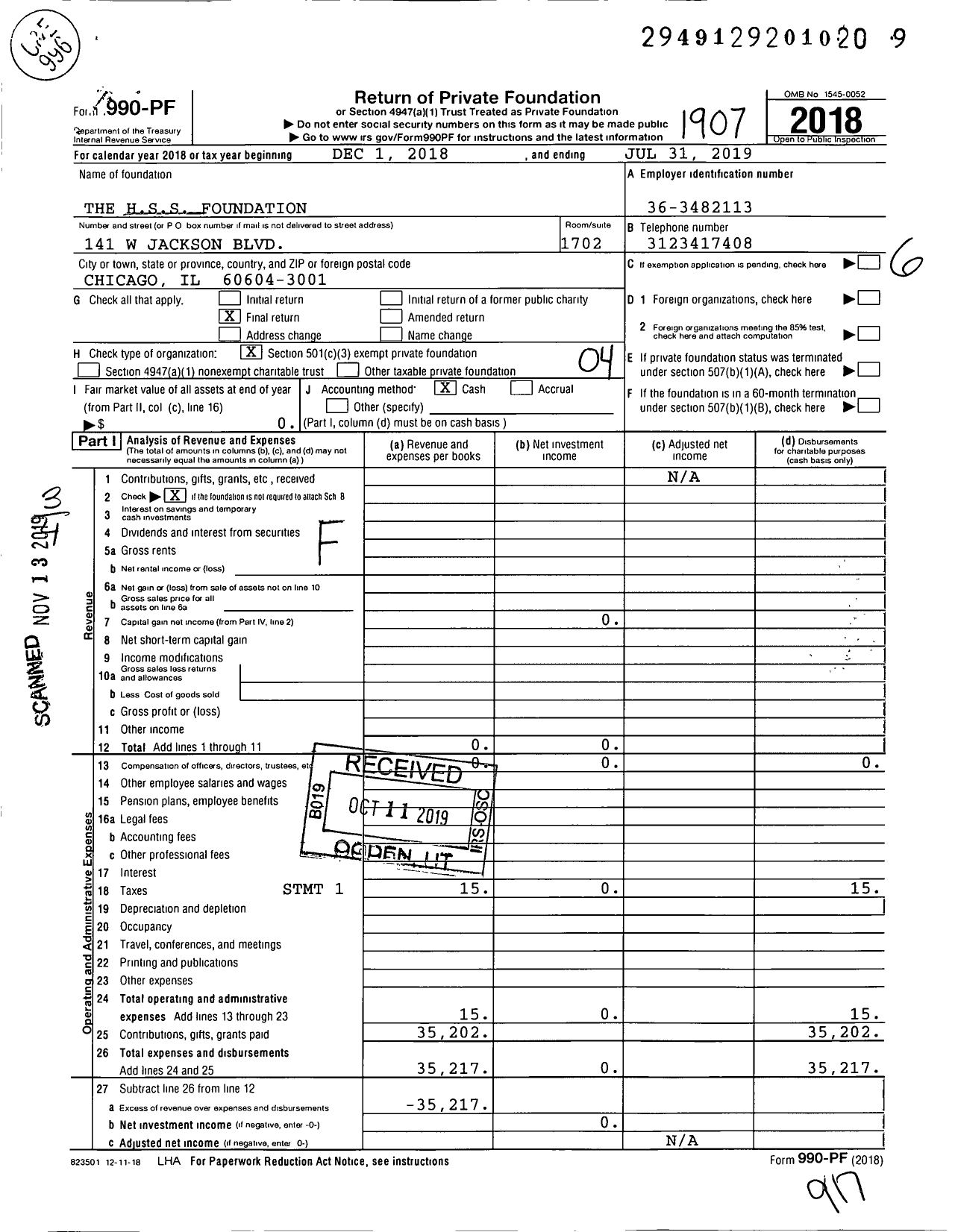 Image of first page of 2018 Form 990PF for The HSS Foundation