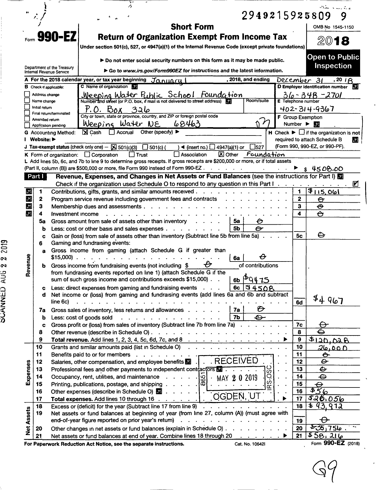 Image of first page of 2018 Form 990EZ for Weeping Water Public School Foundation