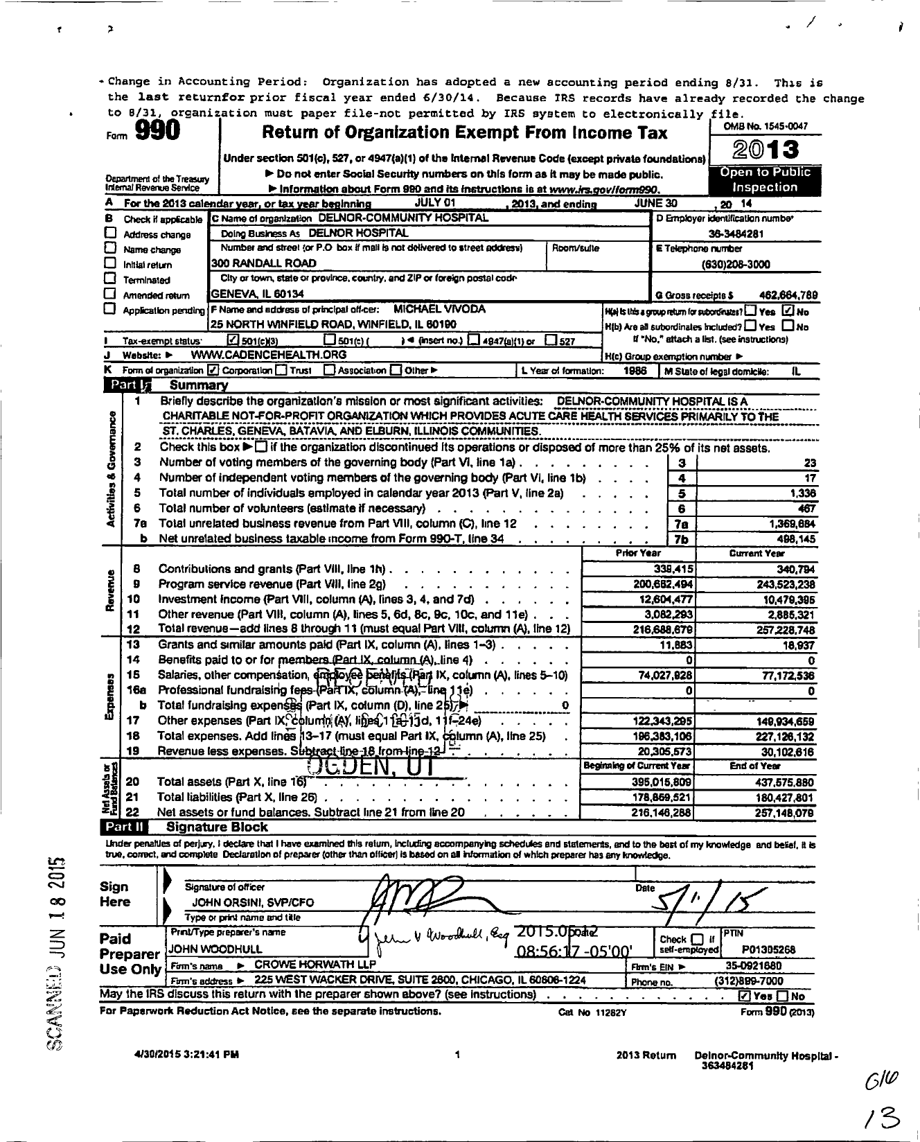 Image of first page of 2013 Form 990 for Delnor-Community Hospital