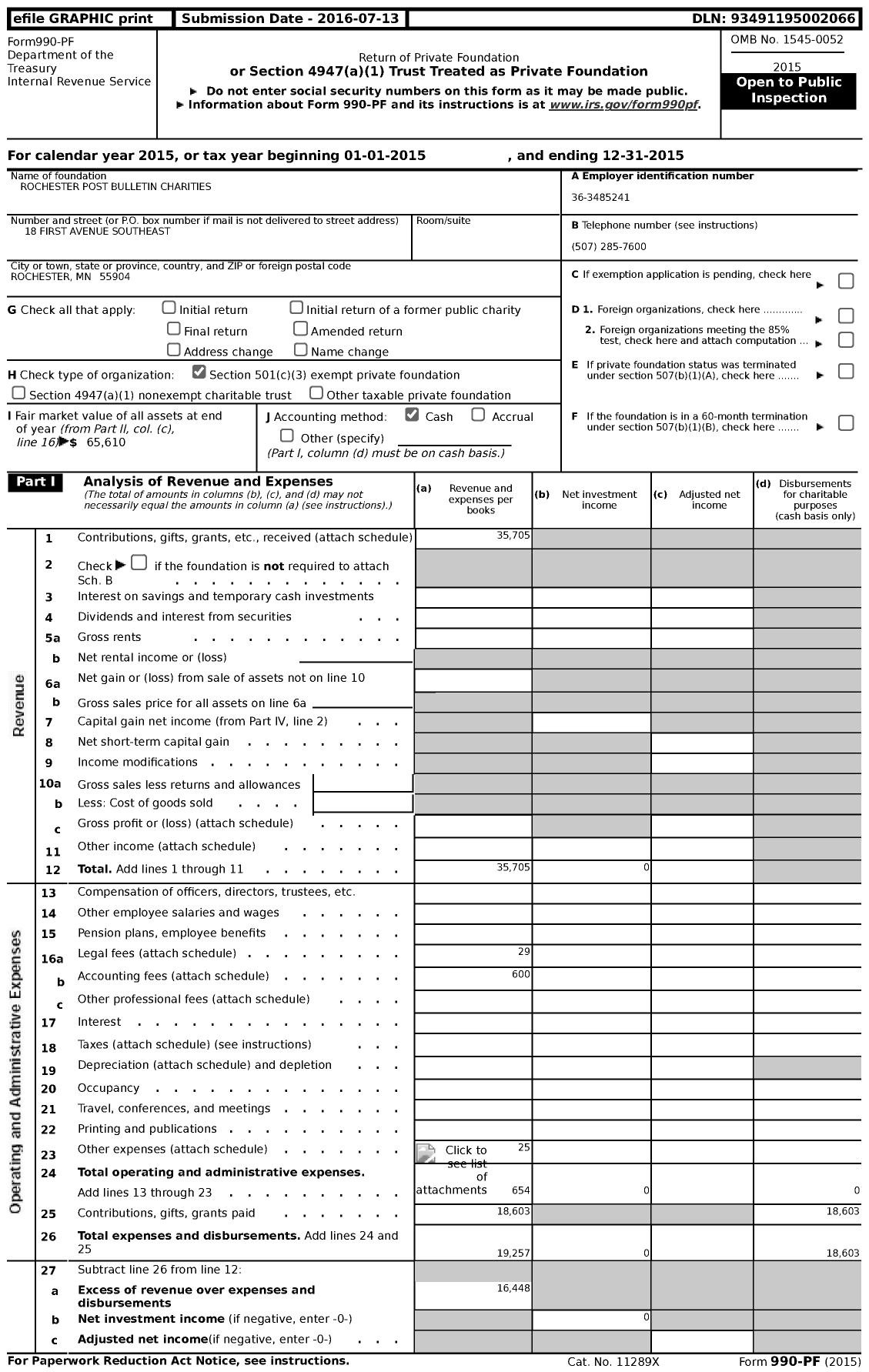 Image of first page of 2015 Form 990PF for Rochester Post Bulletin Charities