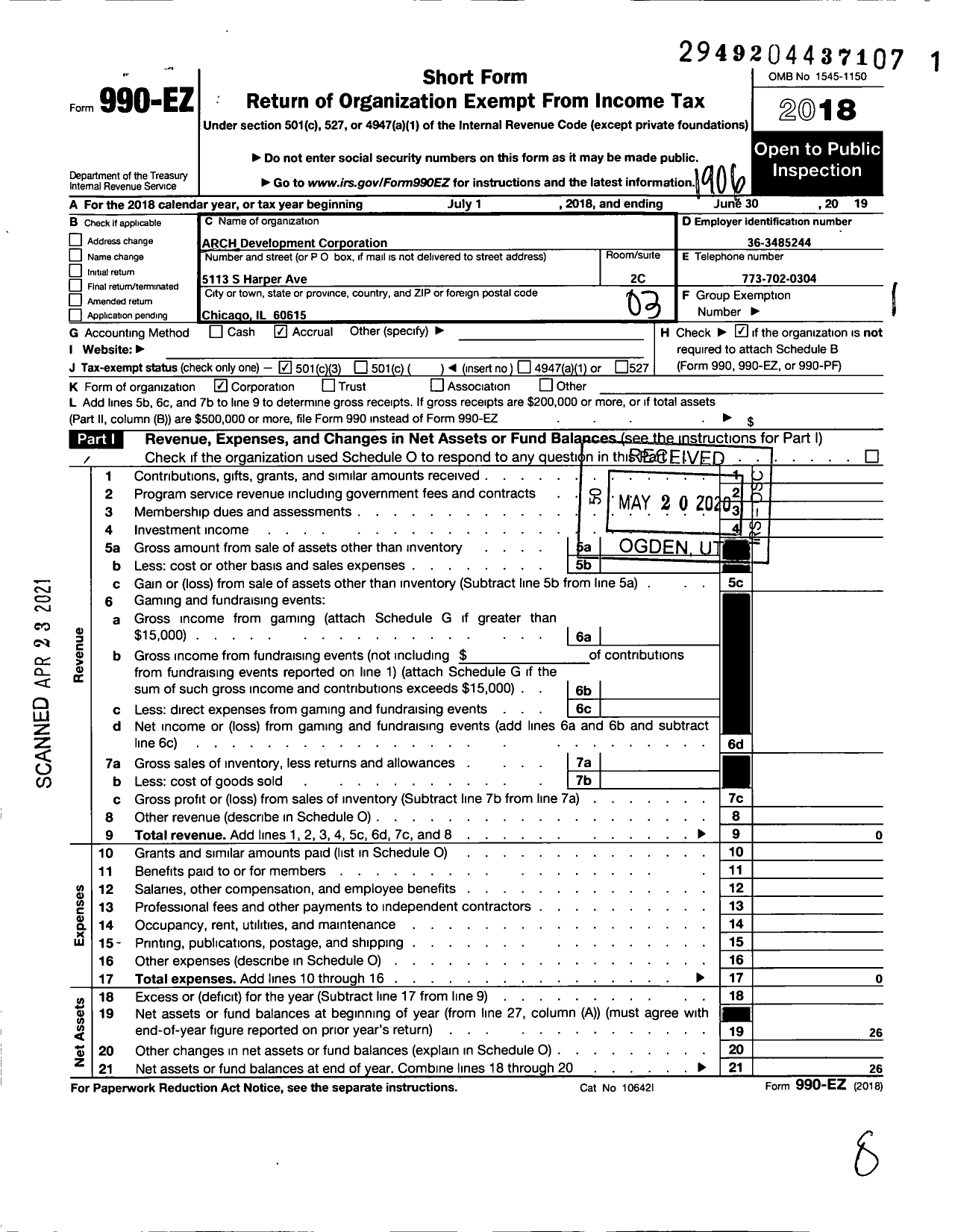 Image of first page of 2018 Form 990EZ for ARCH Development Corporation