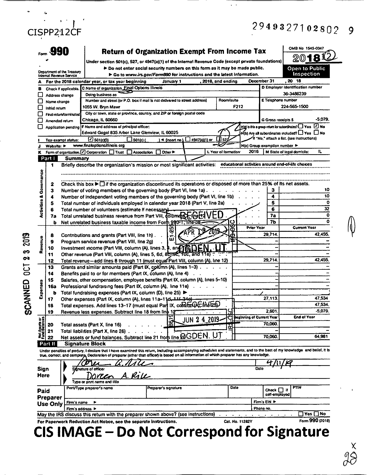 Image of first page of 2018 Form 990 for Final Options Illinois