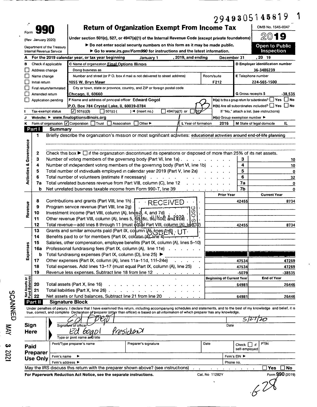 Image of first page of 2019 Form 990 for Final Options Illinois