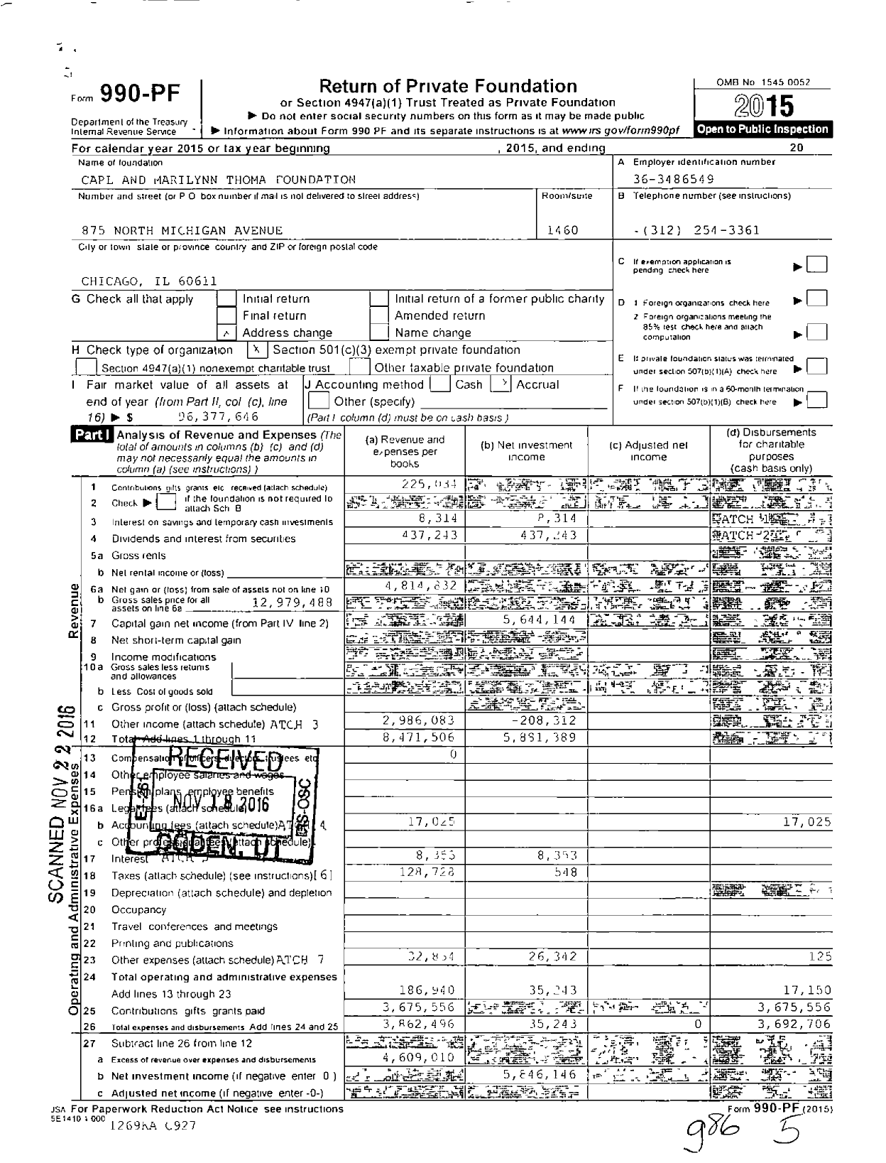 Image of first page of 2015 Form 990PF for Carl and Marilynn Thoma Foundation