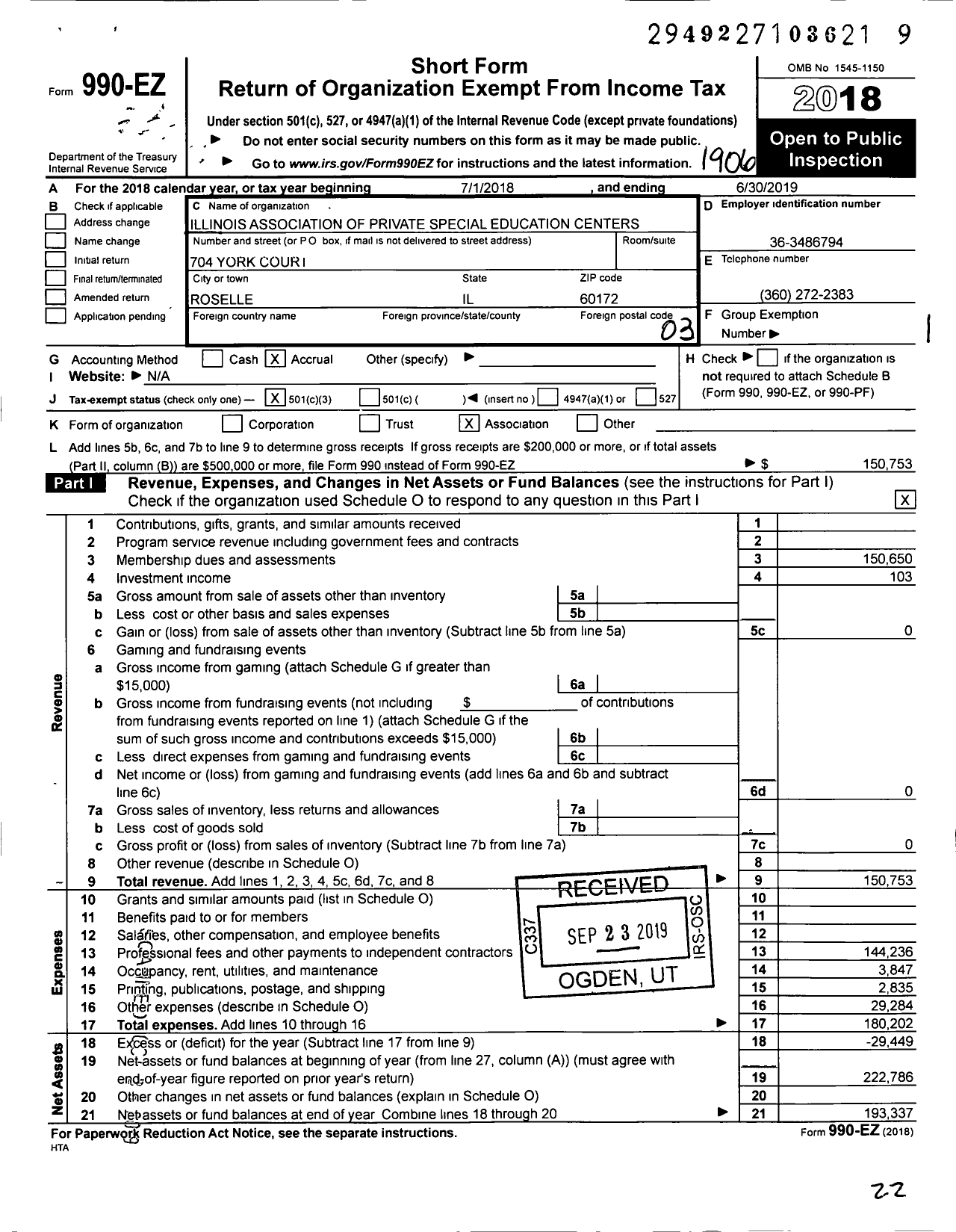 Image of first page of 2018 Form 990EZ for Illinois Association of Private Special Education