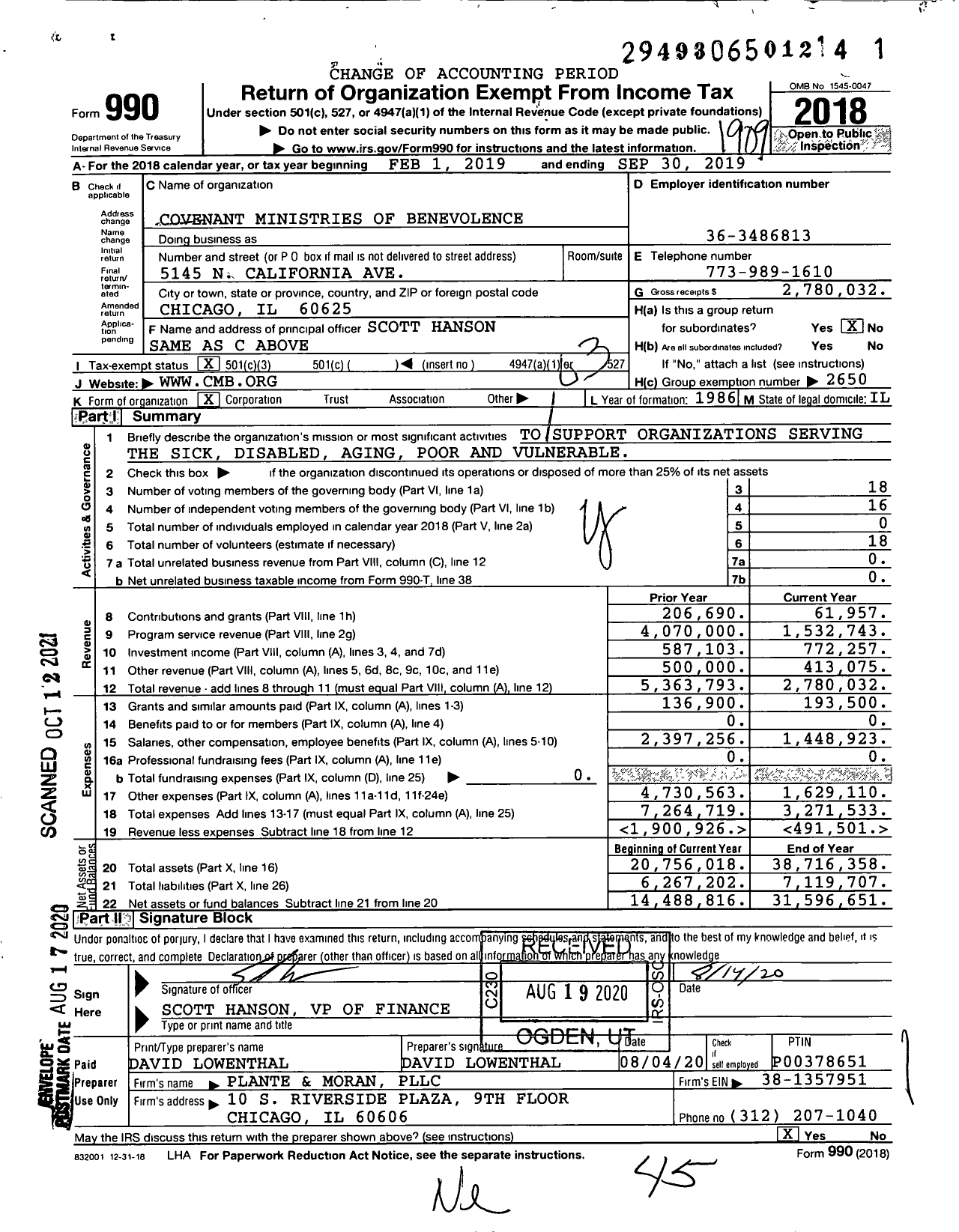 Image of first page of 2018 Form 990 for Covenant Ministries of Benevolence