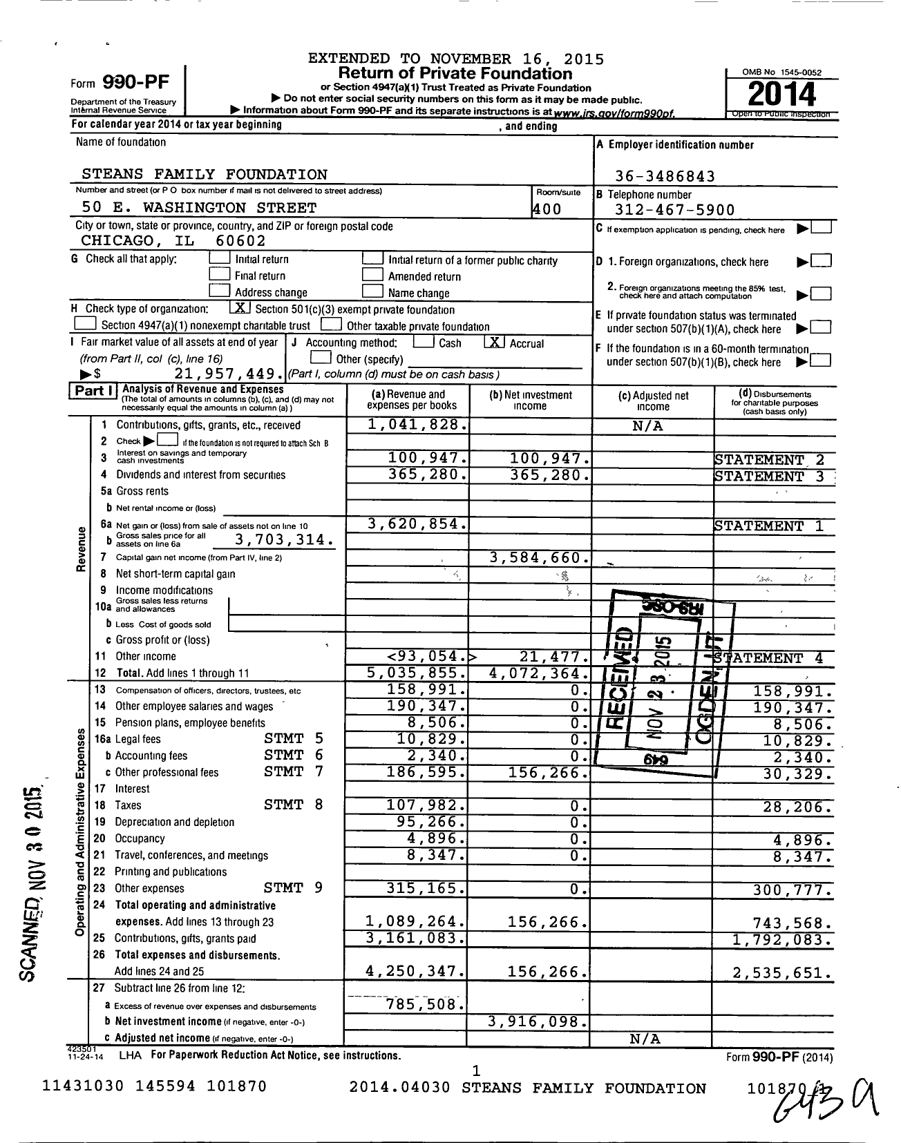 Image of first page of 2014 Form 990PF for Steans Family Foundation (SFF)