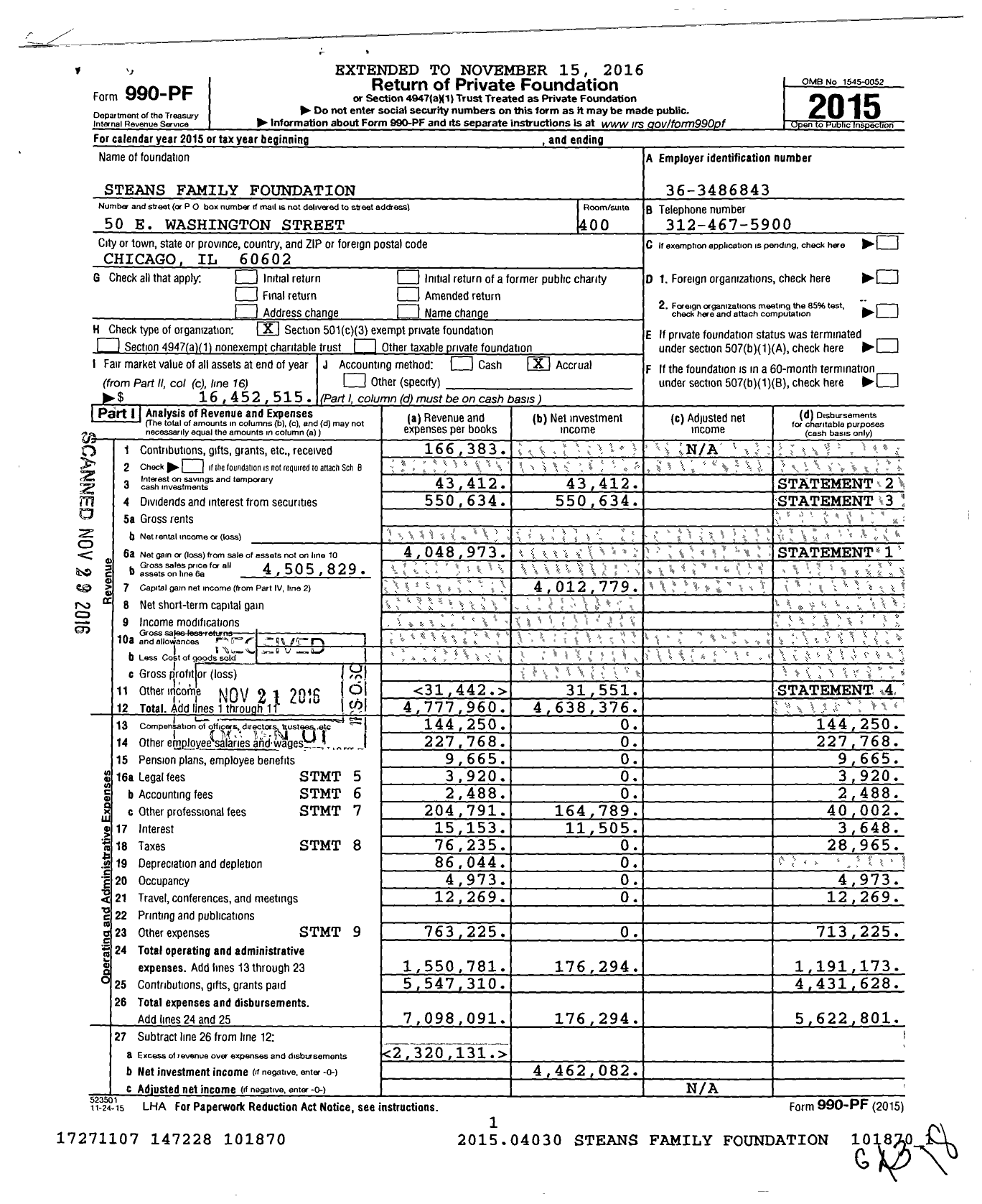 Image of first page of 2015 Form 990PF for Steans Family Foundation (SFF)