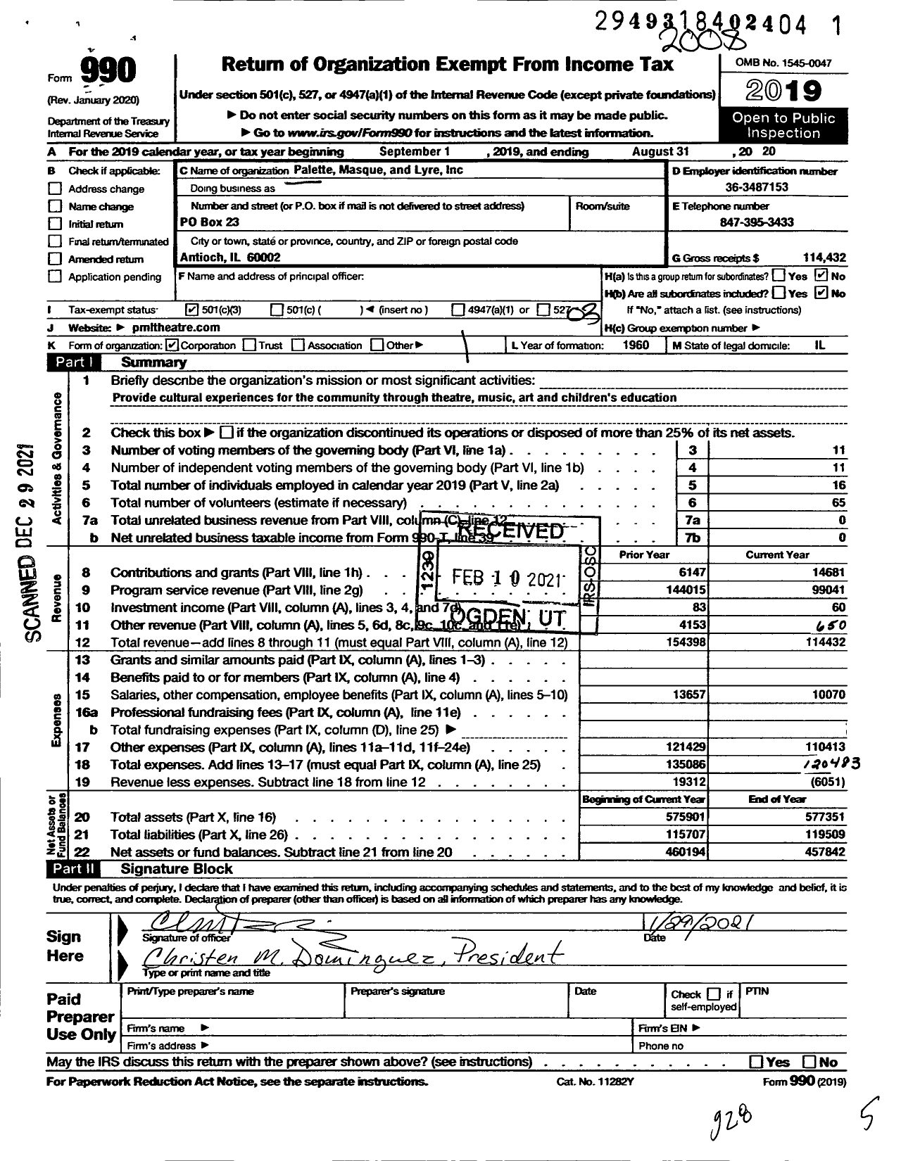 Image of first page of 2019 Form 990 for Palette Masque and Lyre