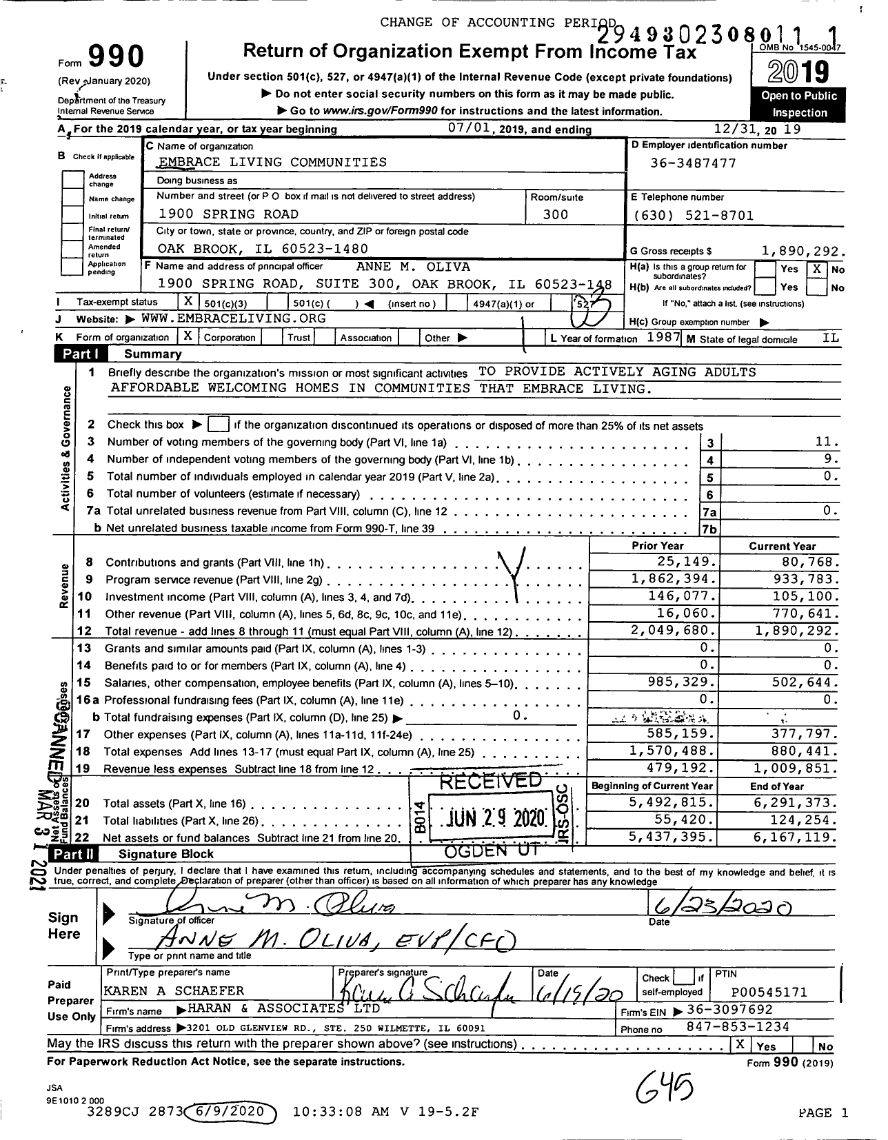 Image of first page of 2019 Form 990 for Embrace Living Communities